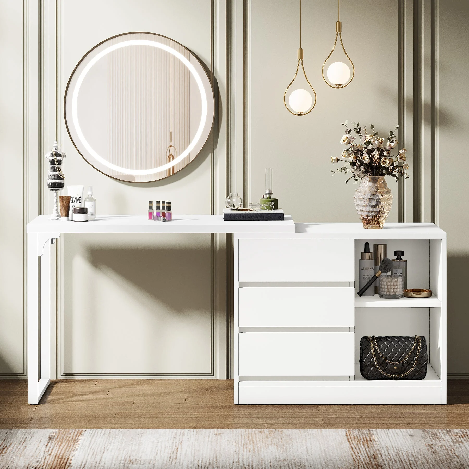 Modern Makeup Vanity, Dressing Table With 3 Drawers & Storage Shelves