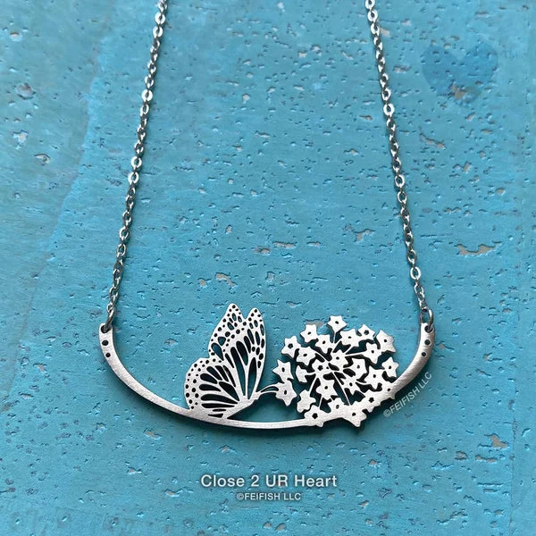 Monarch Butterfly with Milkweed Stainless Steel Necklace Made in the USA