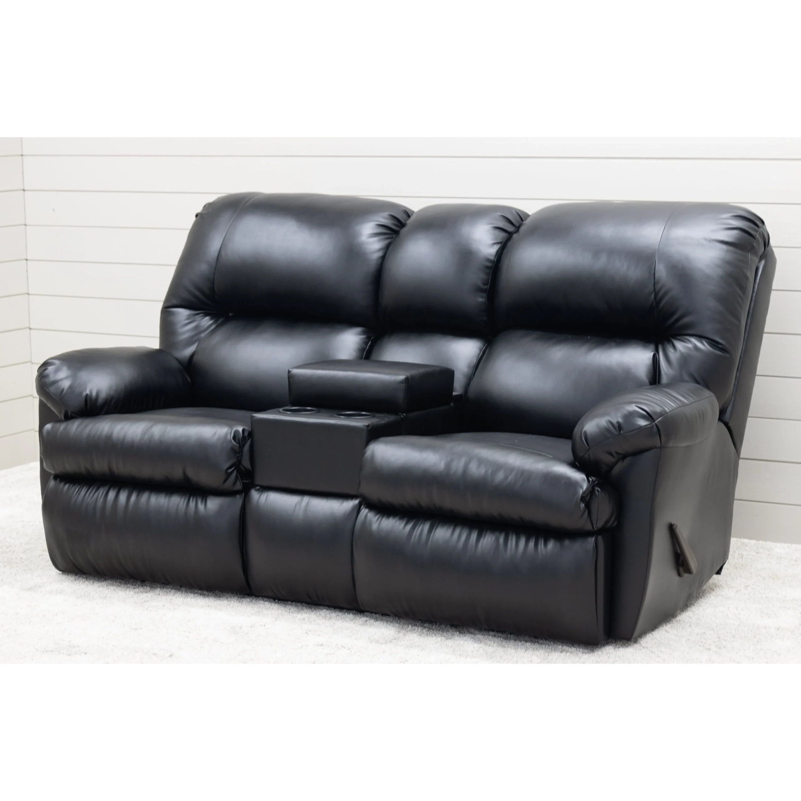 Montana Black Faux Leather Custom Reclining Loveseat with Console