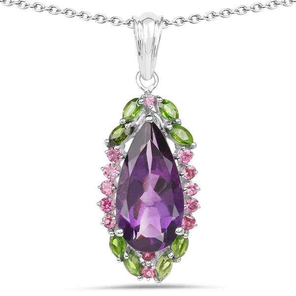 Multi-Gemstone Pendant Sterling Silver-Unique!Amethyst, Garnet, Diopside