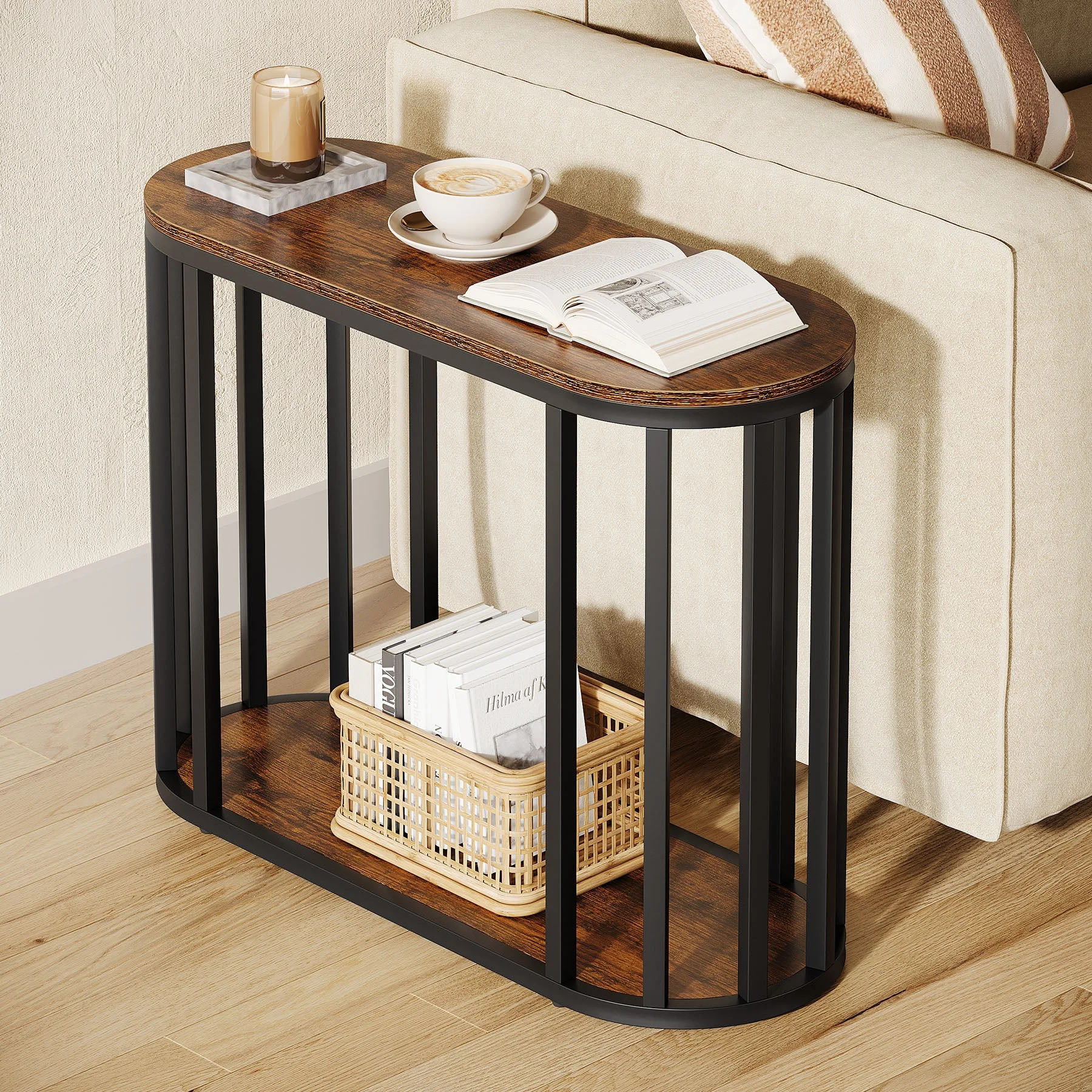 Narrow End Table with Storage, 2-Tier Industrial Side Table with Metal Frame