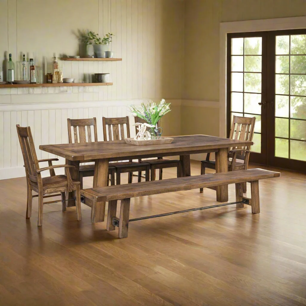 Ouray Amish Wood Iron Buckle Trestle 96" Dining Table 7pc Set