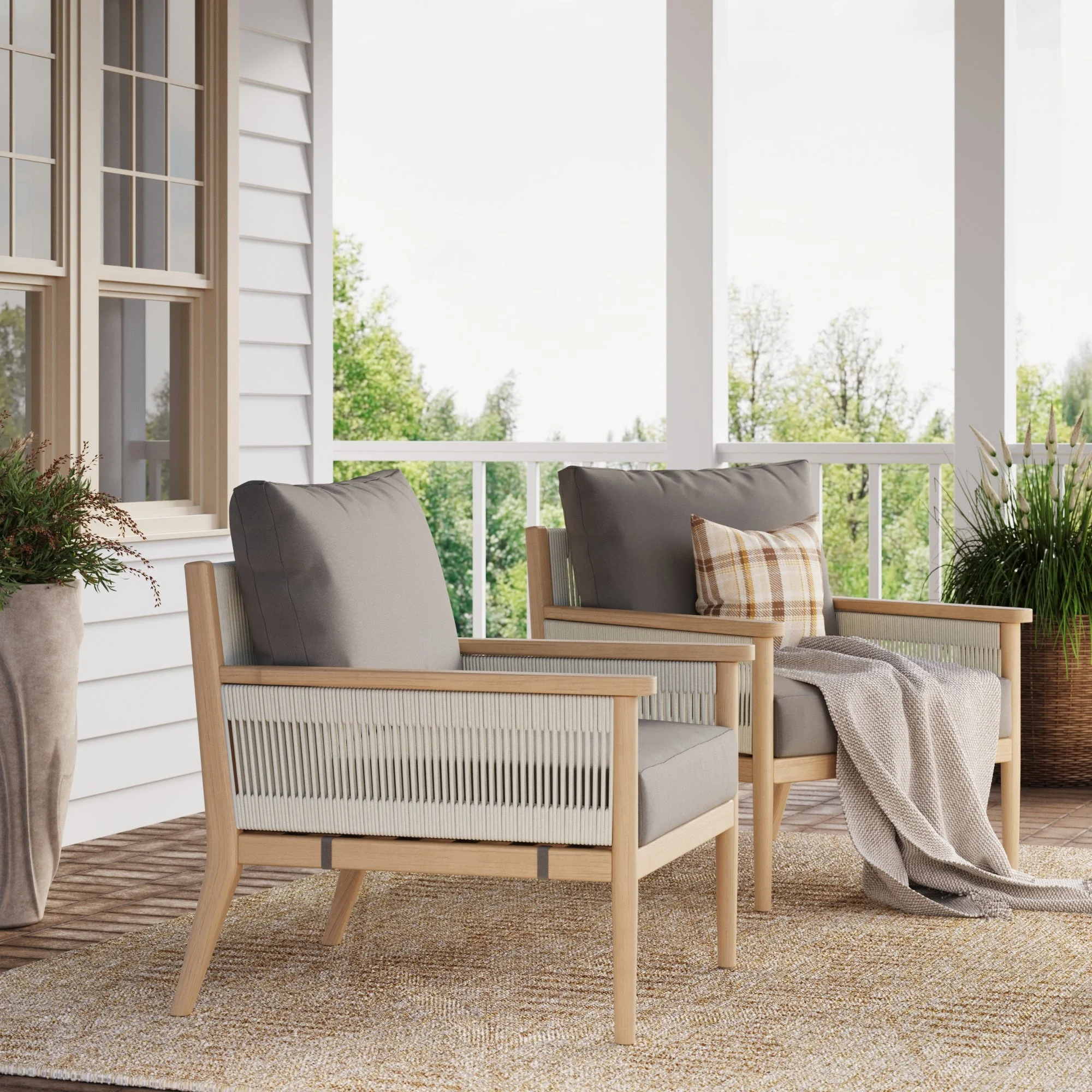 Outdoor Wood & Rope Patio Arm Chairs Medium Gray (Set of 2)