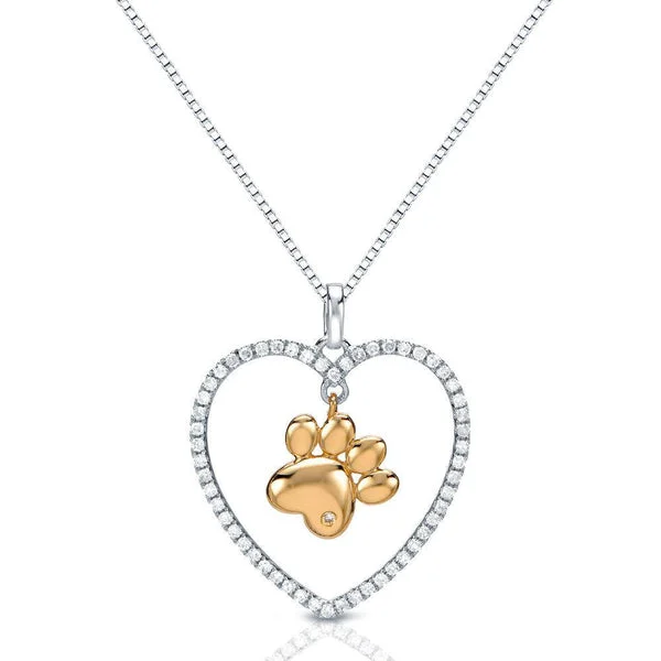 Paw in a Heart Necklace in Sterling Silver with Cubic Zirconia-Unique and Beautiful!