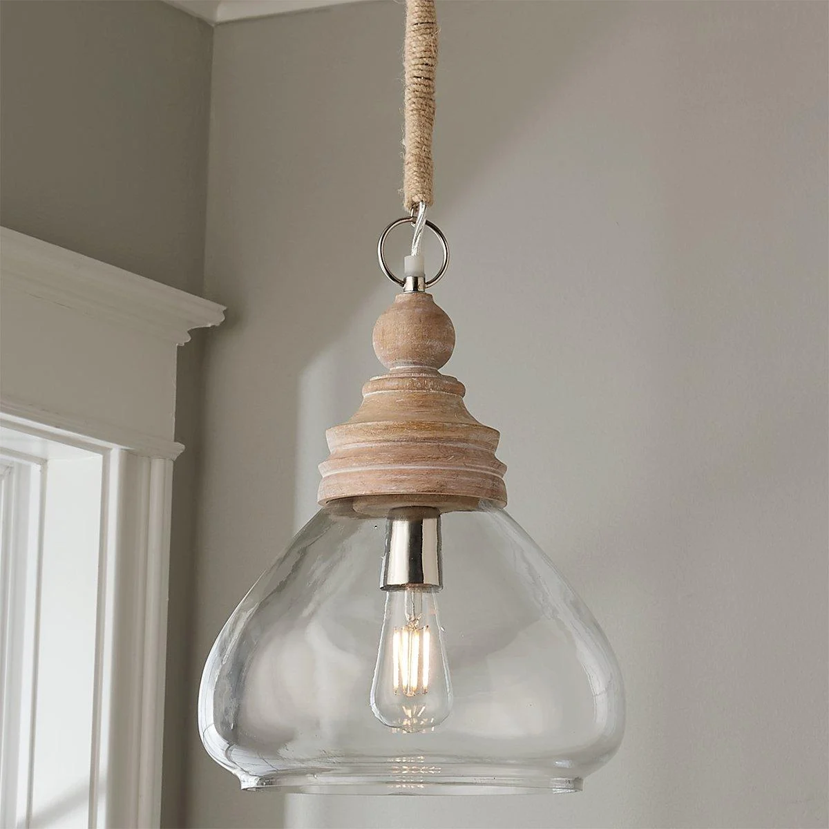 Pickled Wood and Clear Glass Pendant - Bell Glass