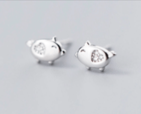 Pig Stud Earrings with CZ, Sterling Silver & Rose Gold Plated*