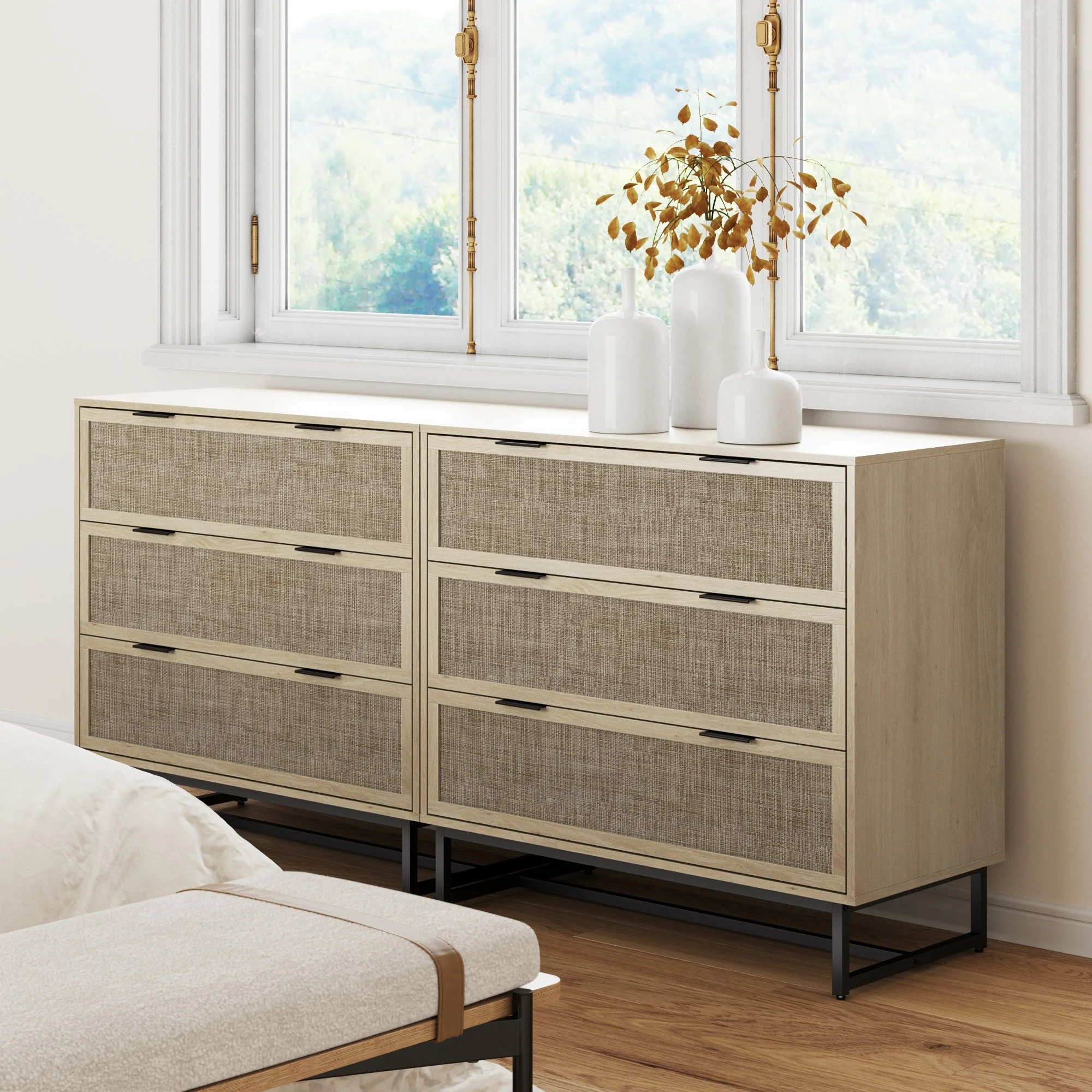 Rattan & Wood 3-Drawer Dressers Light Oak (Set of 2)