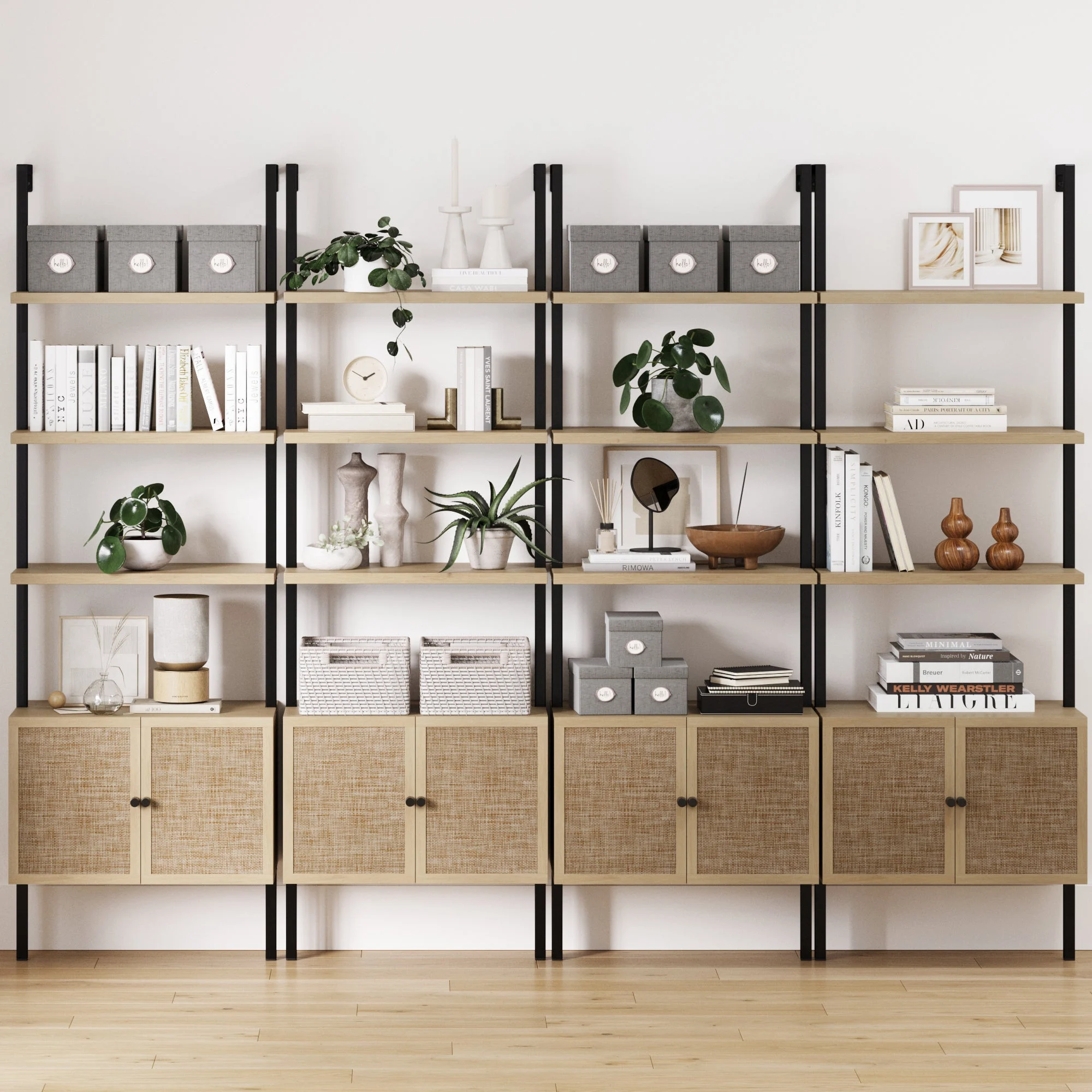 Rattan Ladder Wall Bookshelves with Doors Light Oak (Set of 4)