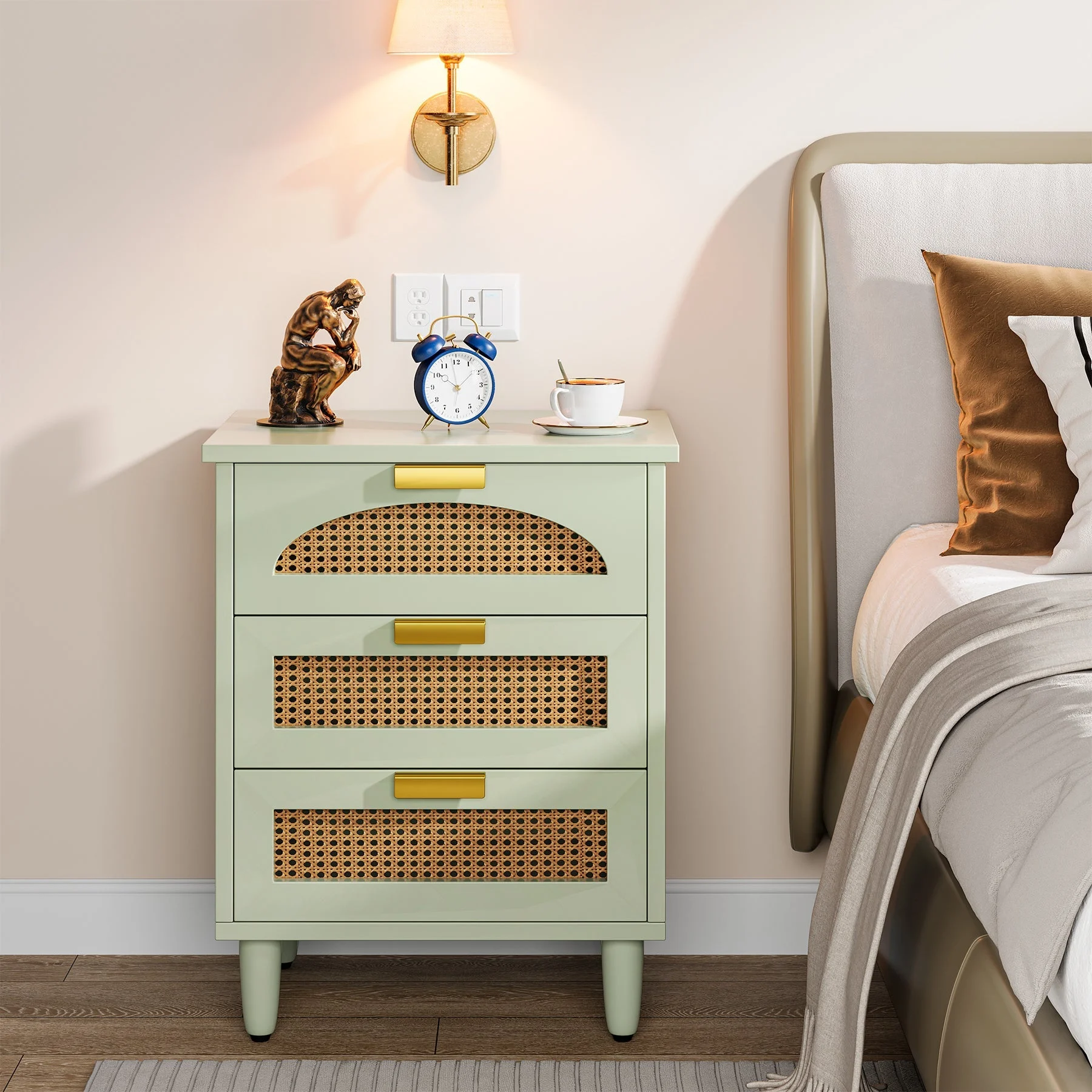 Rattan Nightstand, 20-Inch Bedside Table Storage Cabinet with 3-Drawers