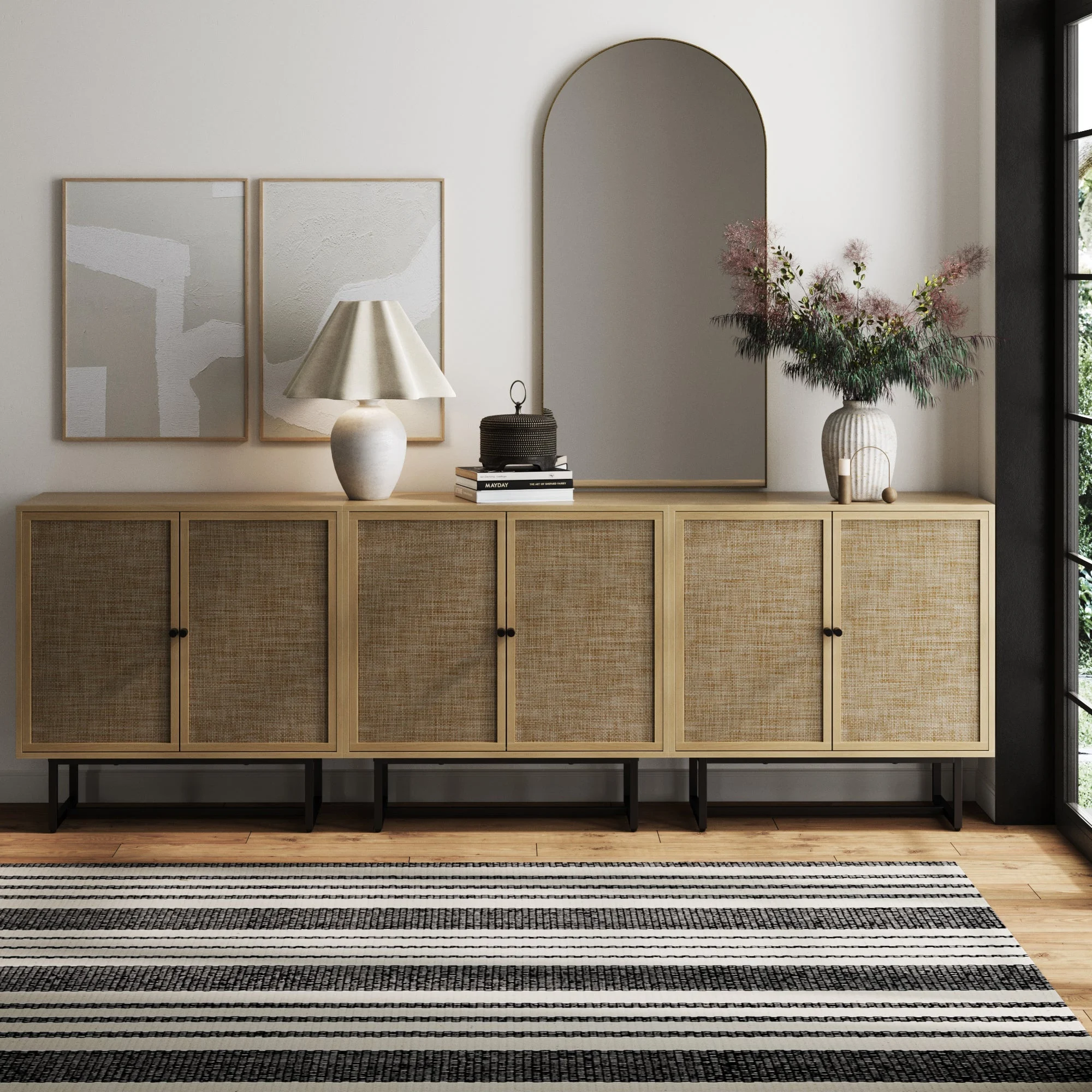 Rattan Storage Cabinet Credenza Oak (Set of 3)
