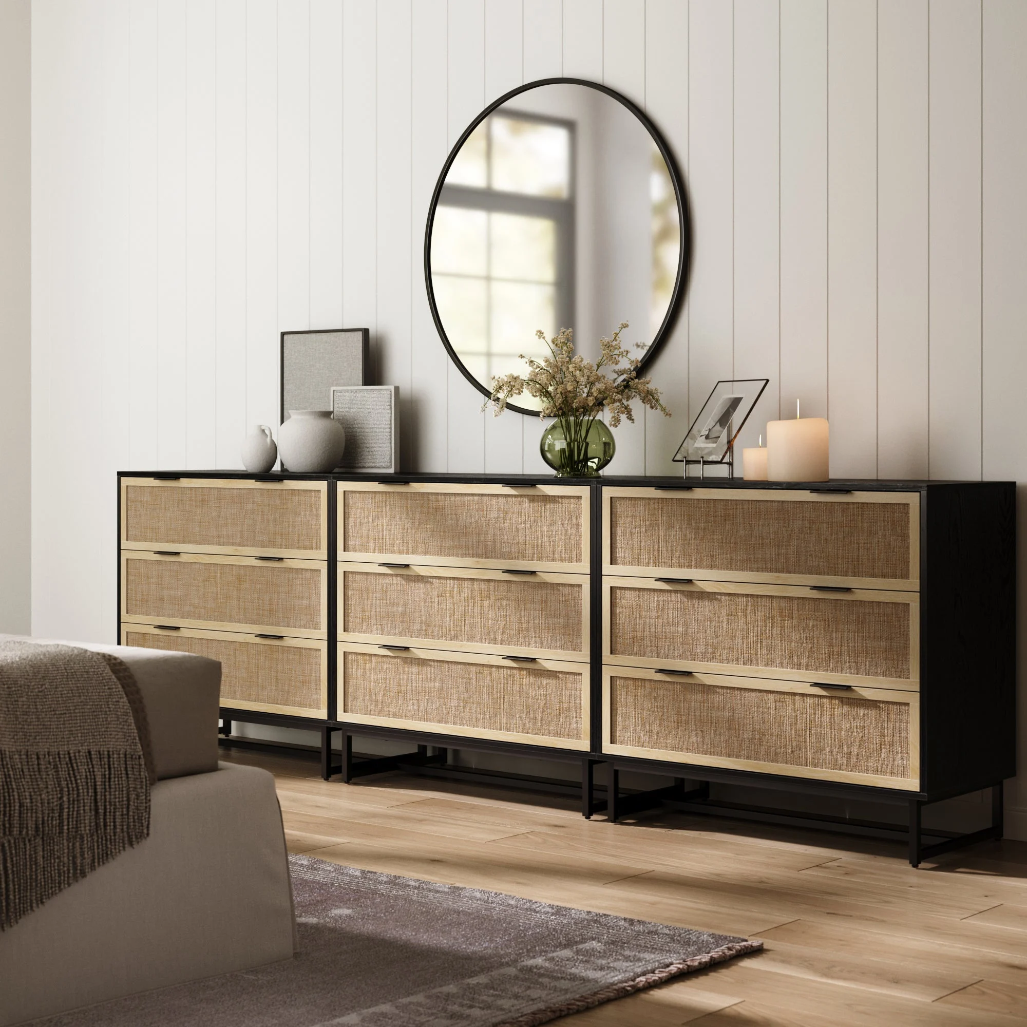 Rattan, Wood & Metal 3-Drawer Dressers Black (Set of 3)