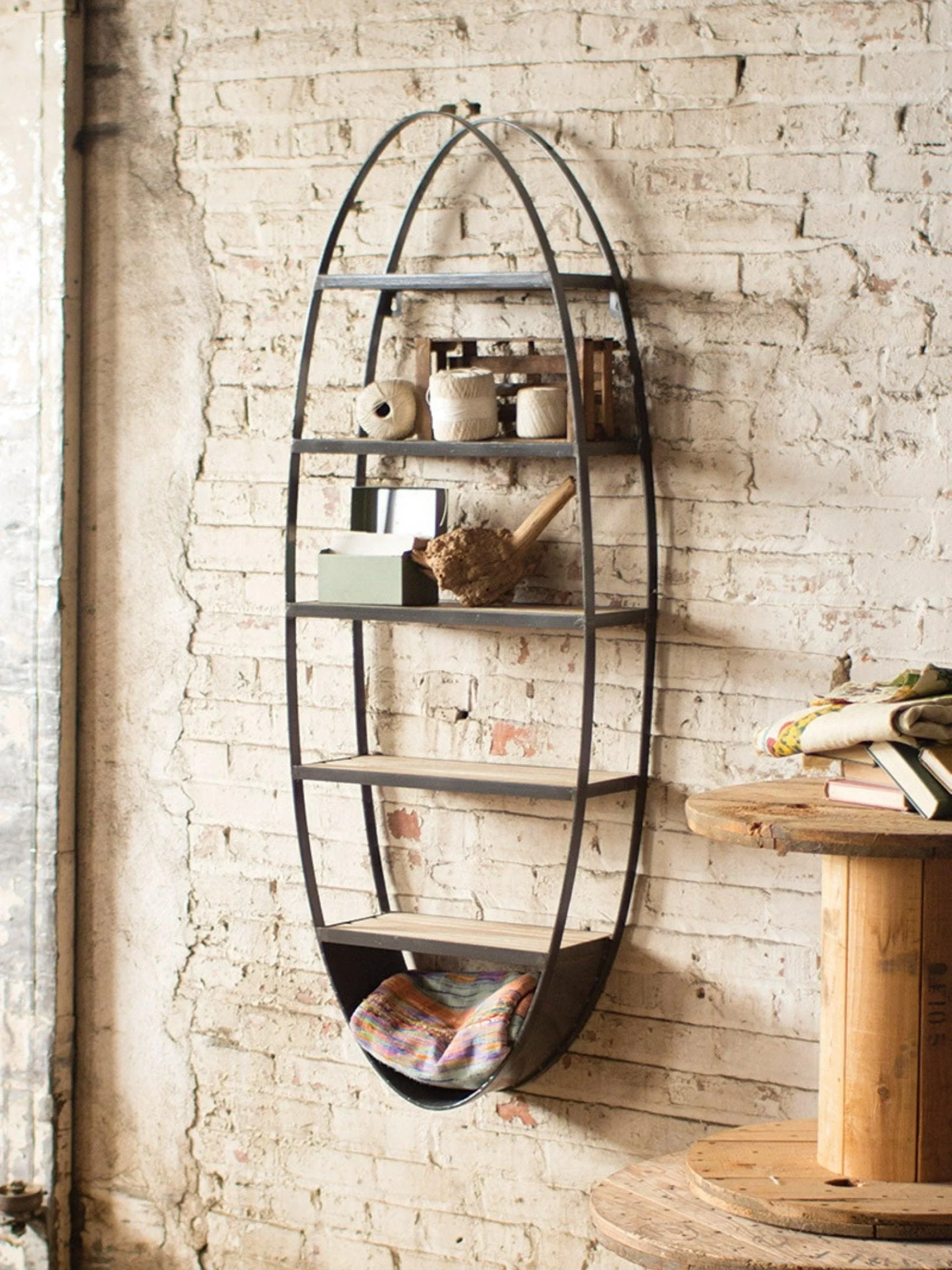 Raw Metal and Wood Oval Wall Shelf