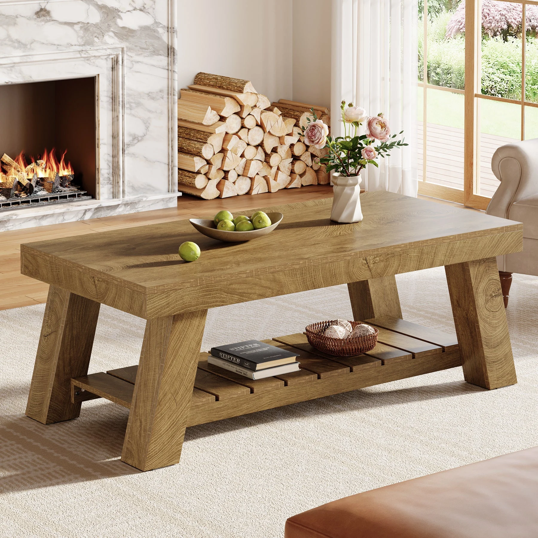 Rectangular Coffee Table, 47.24" Farmhouse Center Table with 2-Tier Storage