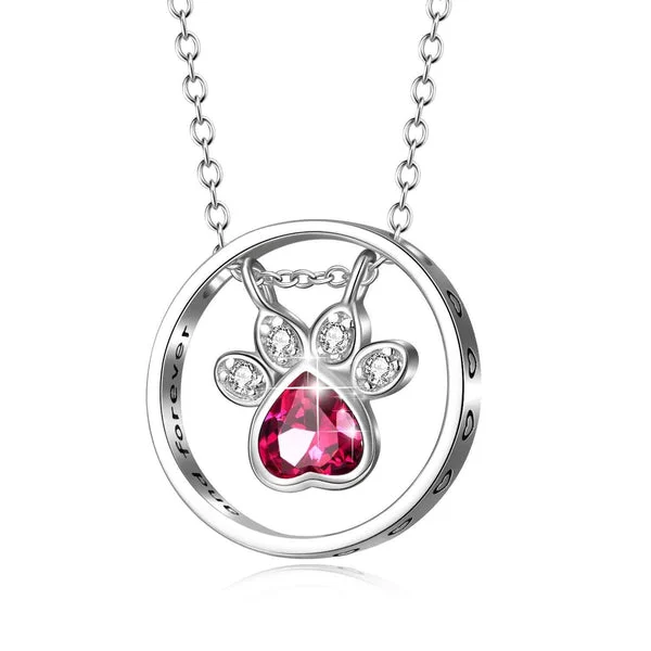 Red CZ Sterling Silver Paw Print Necklace - Pet Jewelry for Pet Lovers