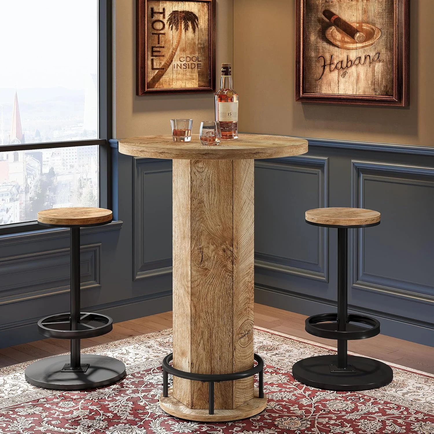 Round Bar Table Set, Pub Cocktail Table Bistro Sets with 2 Barstools