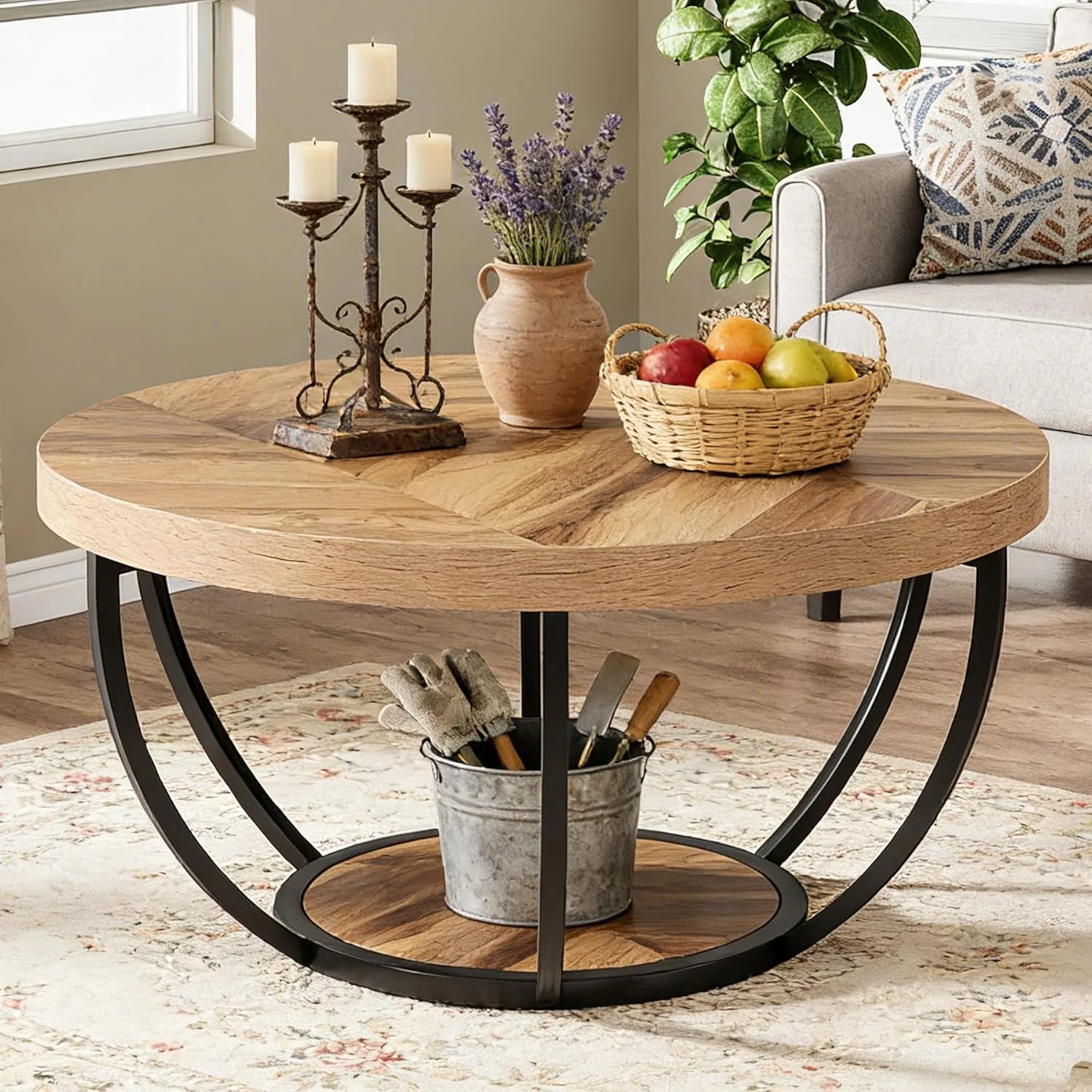 Round Coffee Table, 31.7" Center Table with 2-Tier Storage Shelves