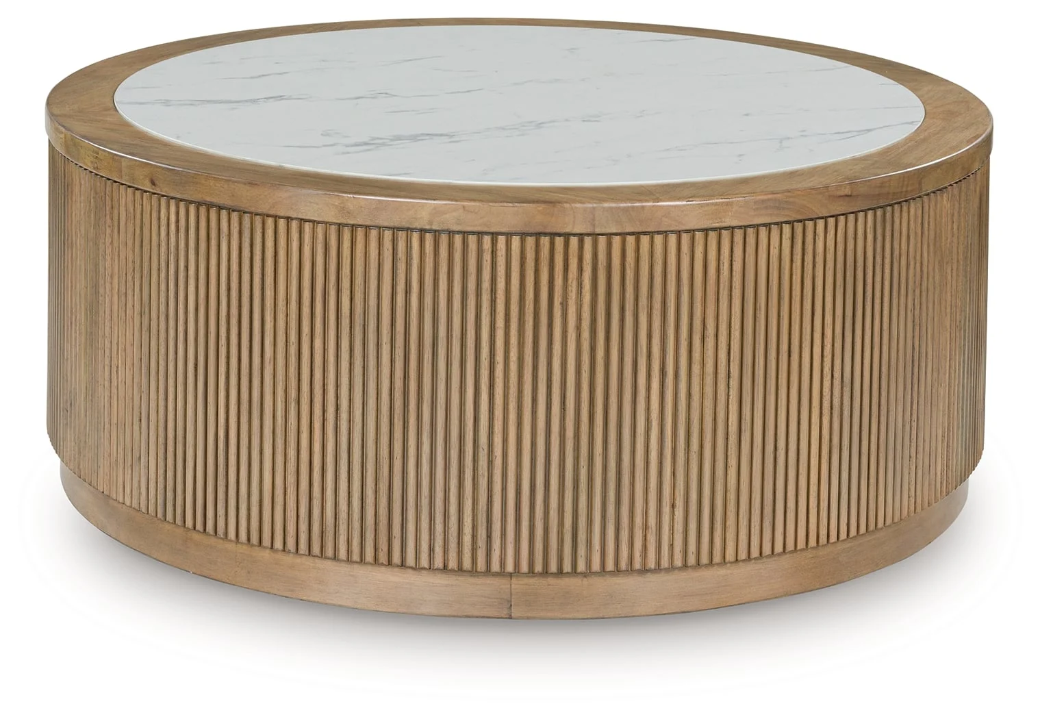Round Coffee Table with Faux Marble Top and Reeded Base