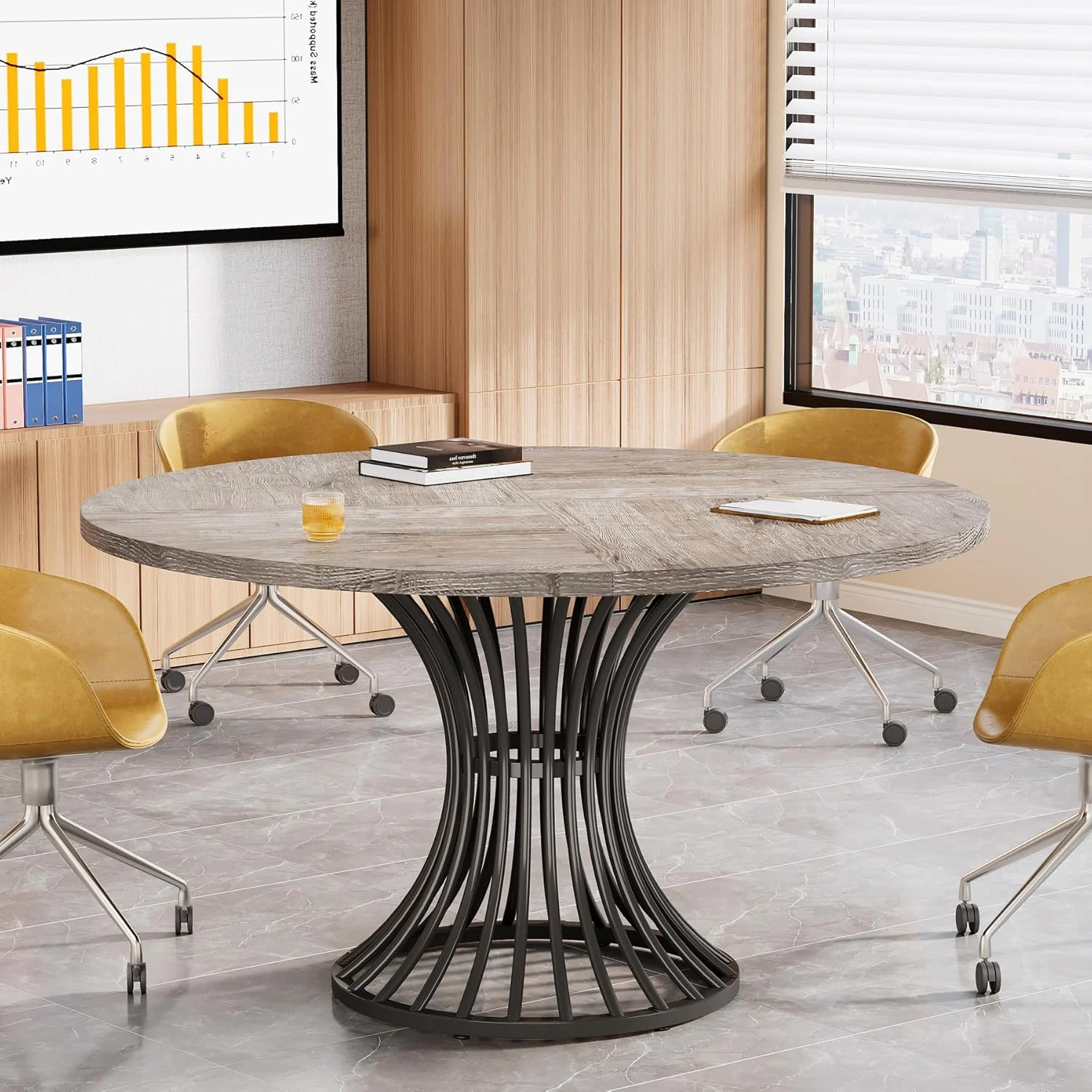 Round Conference Table for 4-6, 47" Meeting Table with Metal Base