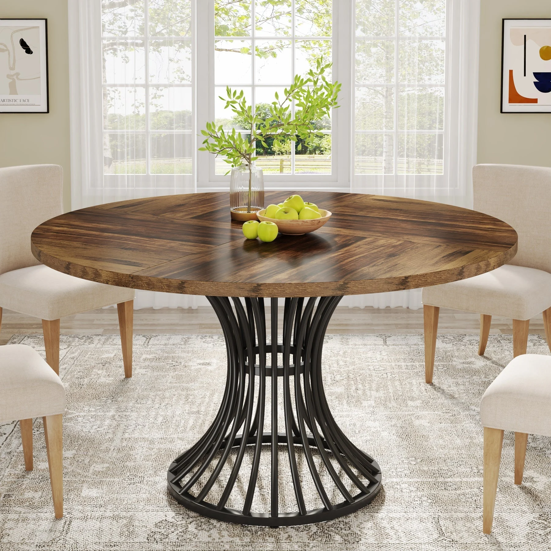 Round Dining Table for 4-6, 47" Farmhouse Circle Kitchen Table