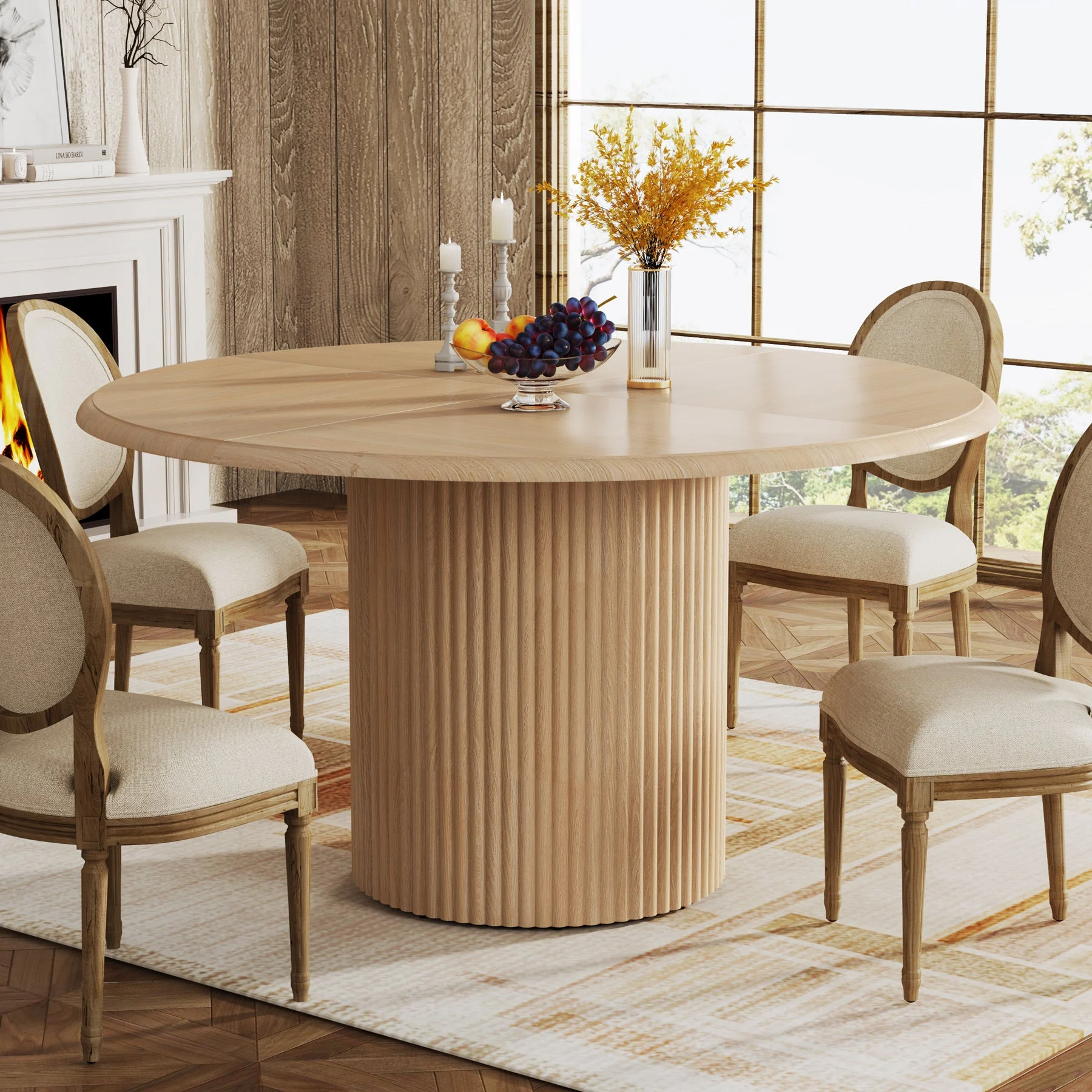 Round Dining Table, 47.24" Farmhouse Kitchen Table with Metal Base for 4