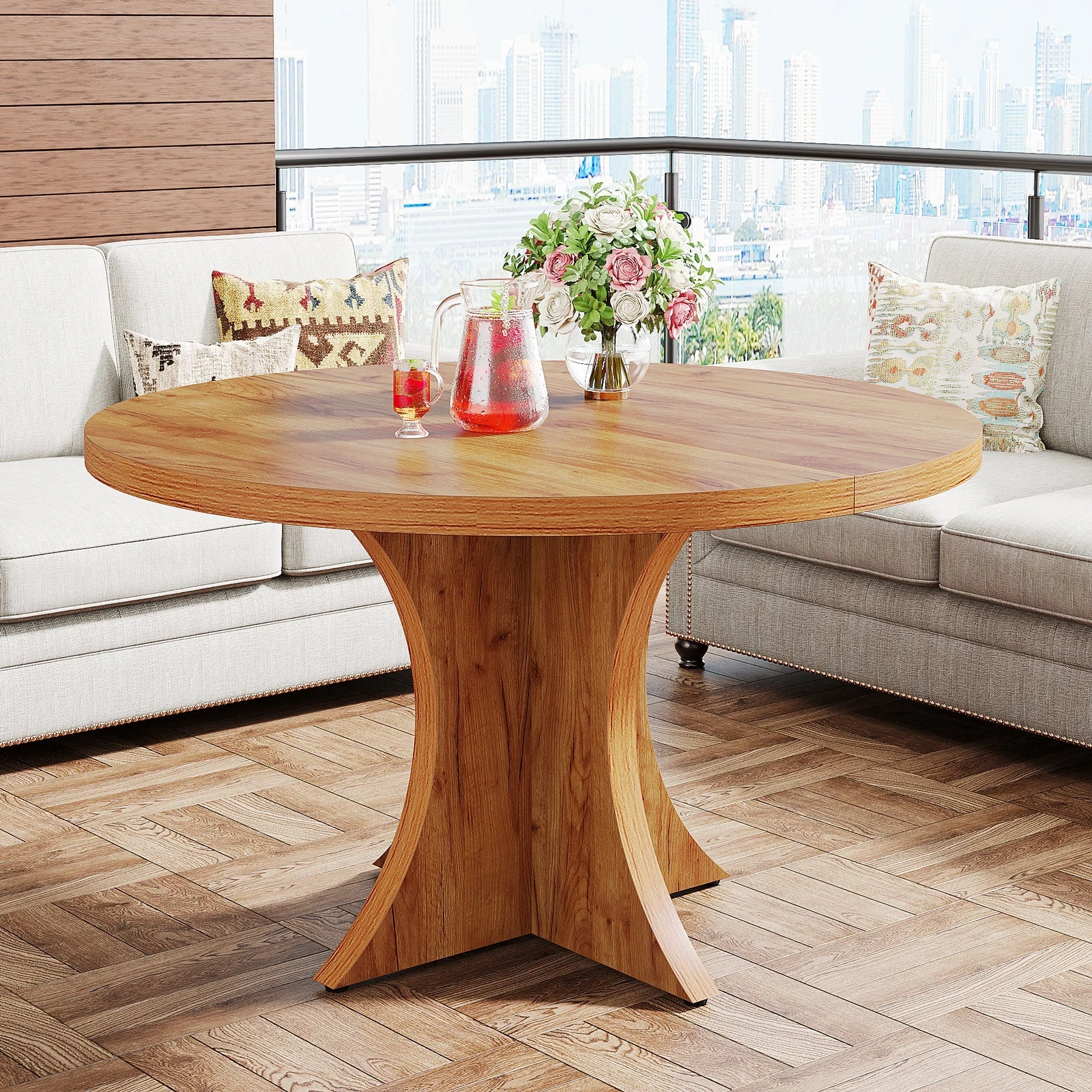 Round Dining Table, 47.24" Kitchen Table with Pedestal Base for 4-6