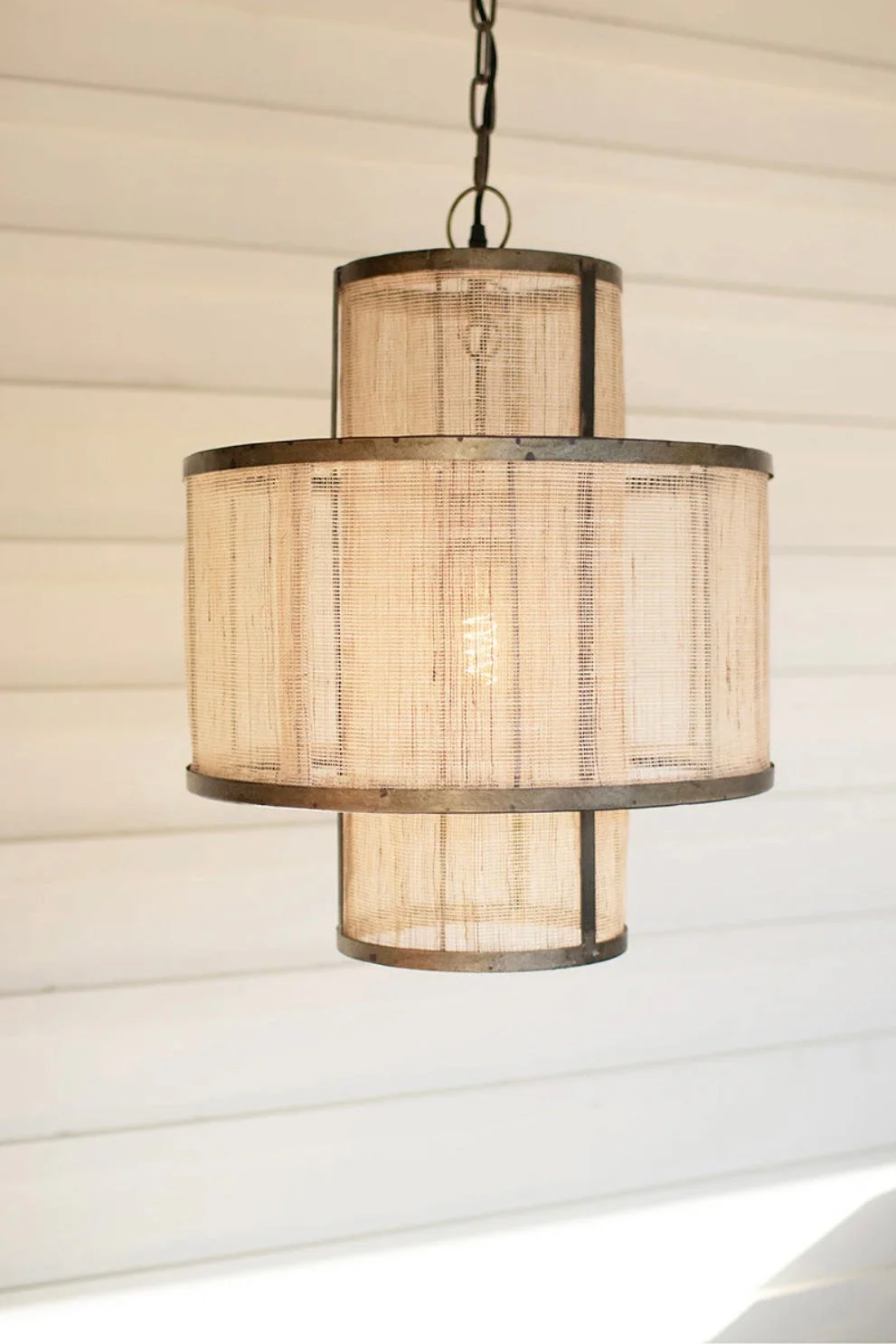 Round Double Layered Woven Fiber and Metal Pendant Light
