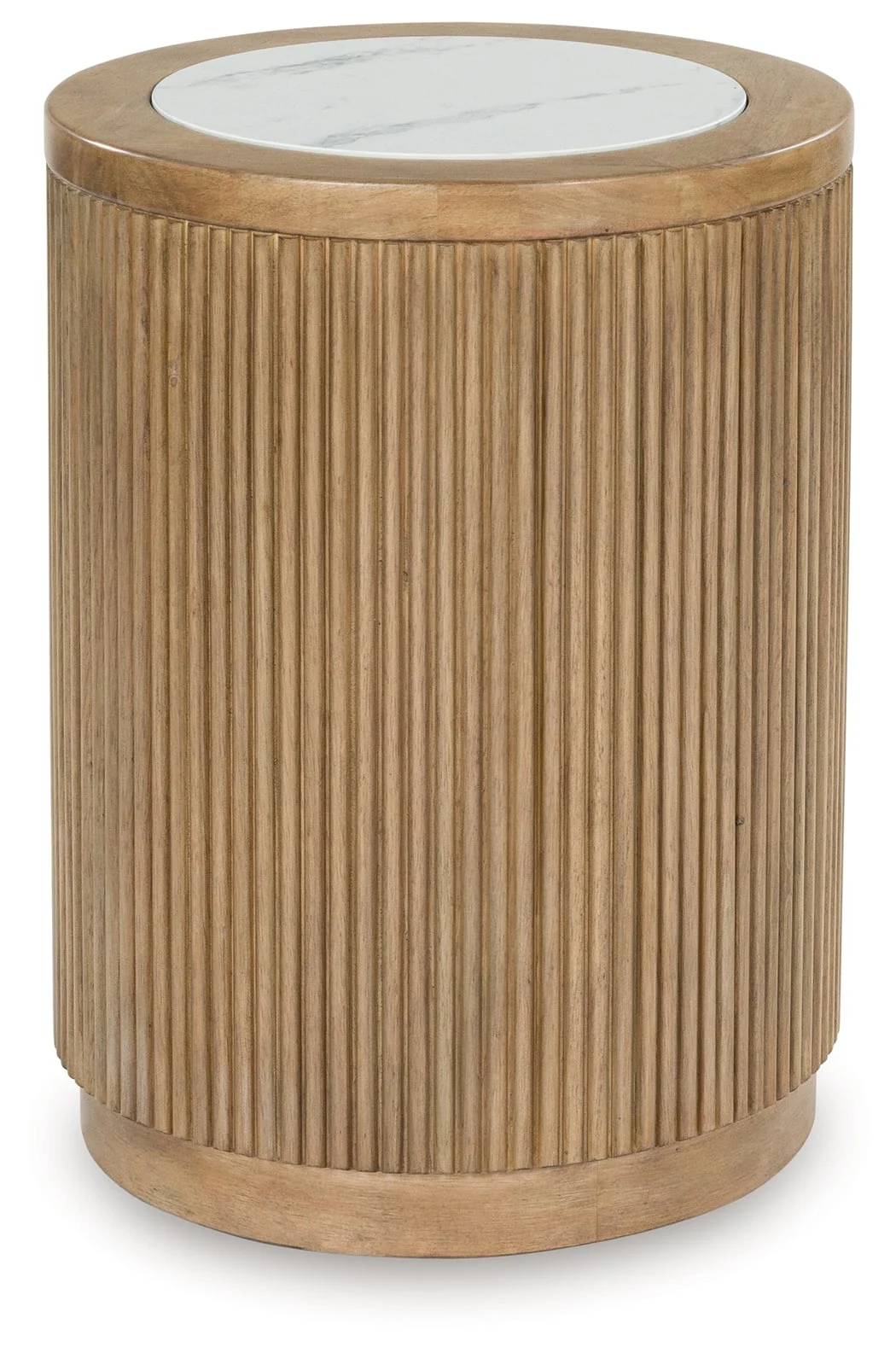 Round End Table with Faux Marble Top and Reeded Base
