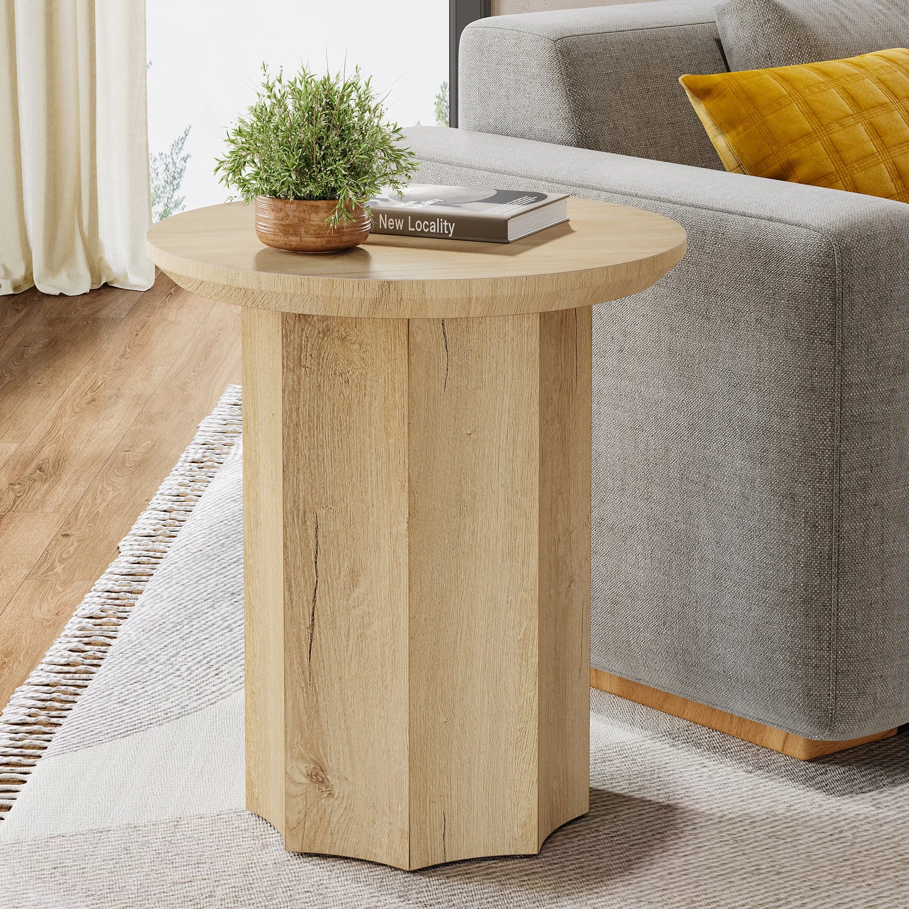 Round End Table, Wooden Pedestal Side Table with Octagonal Base