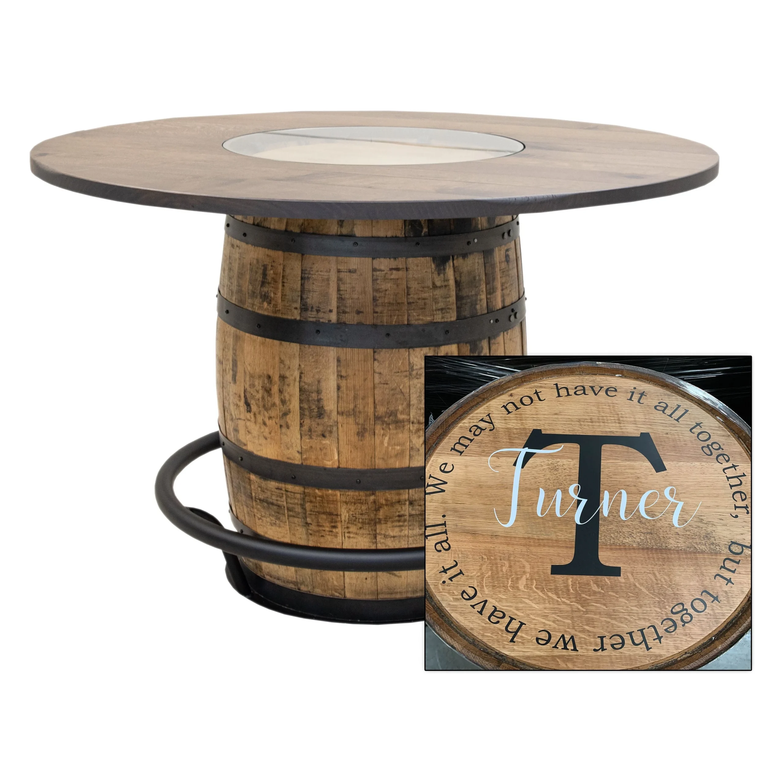 Round Whiskey Personalized Rustic Quarter Sawn White Oak Wood Single Barrel Pub Table | GB