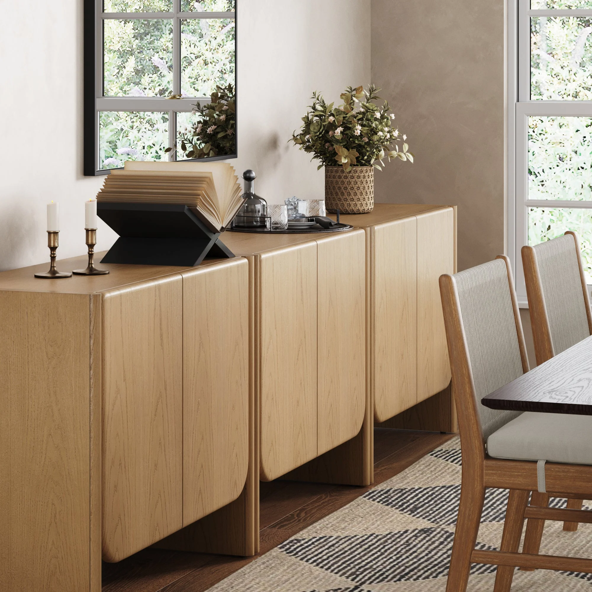 Rounded Wood Accent Cabinet or Kitchen Credenza Raw Oak (Set of 3)