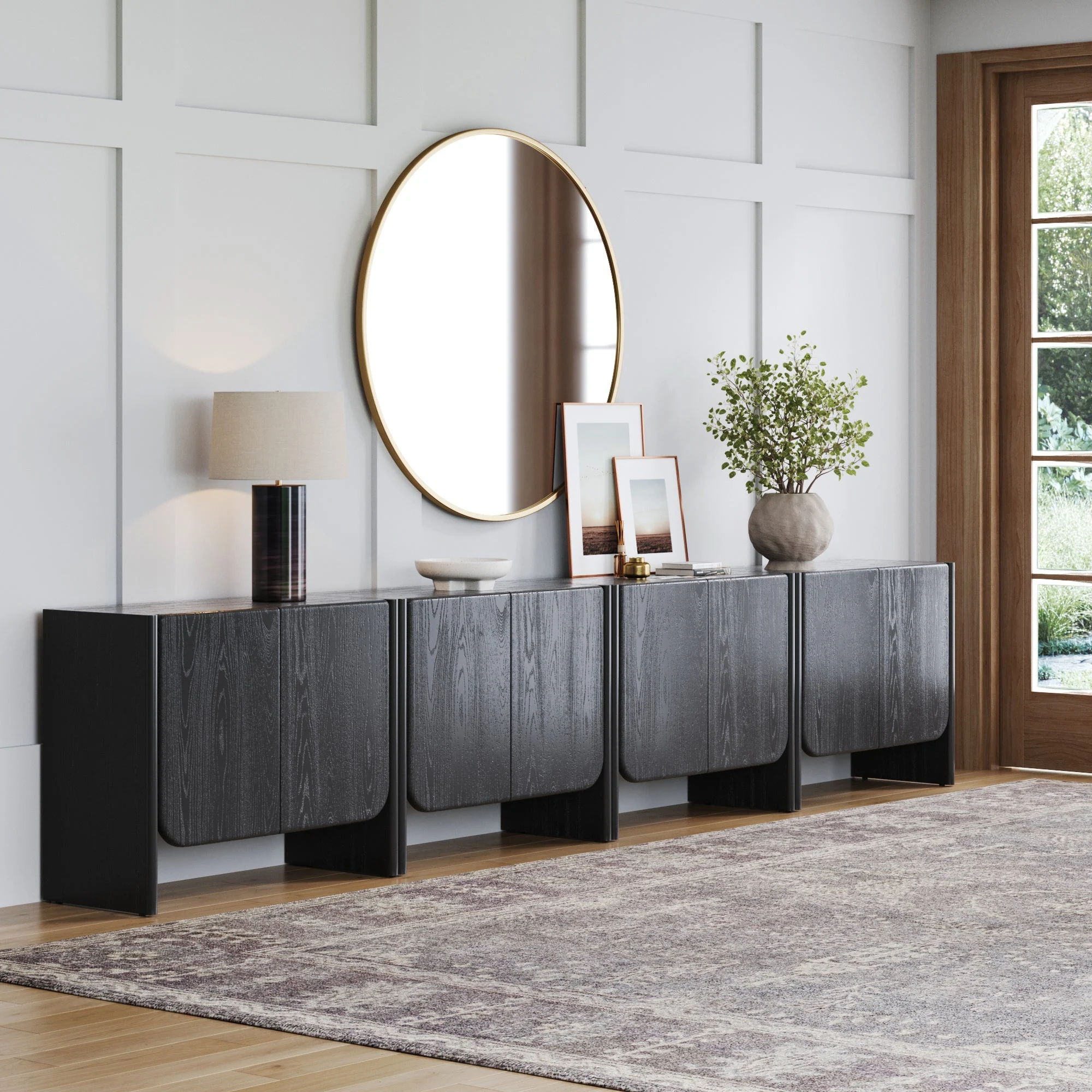 Rounded Wood Accent Cabinet or Large Credenza Black Oak (Set of 4)