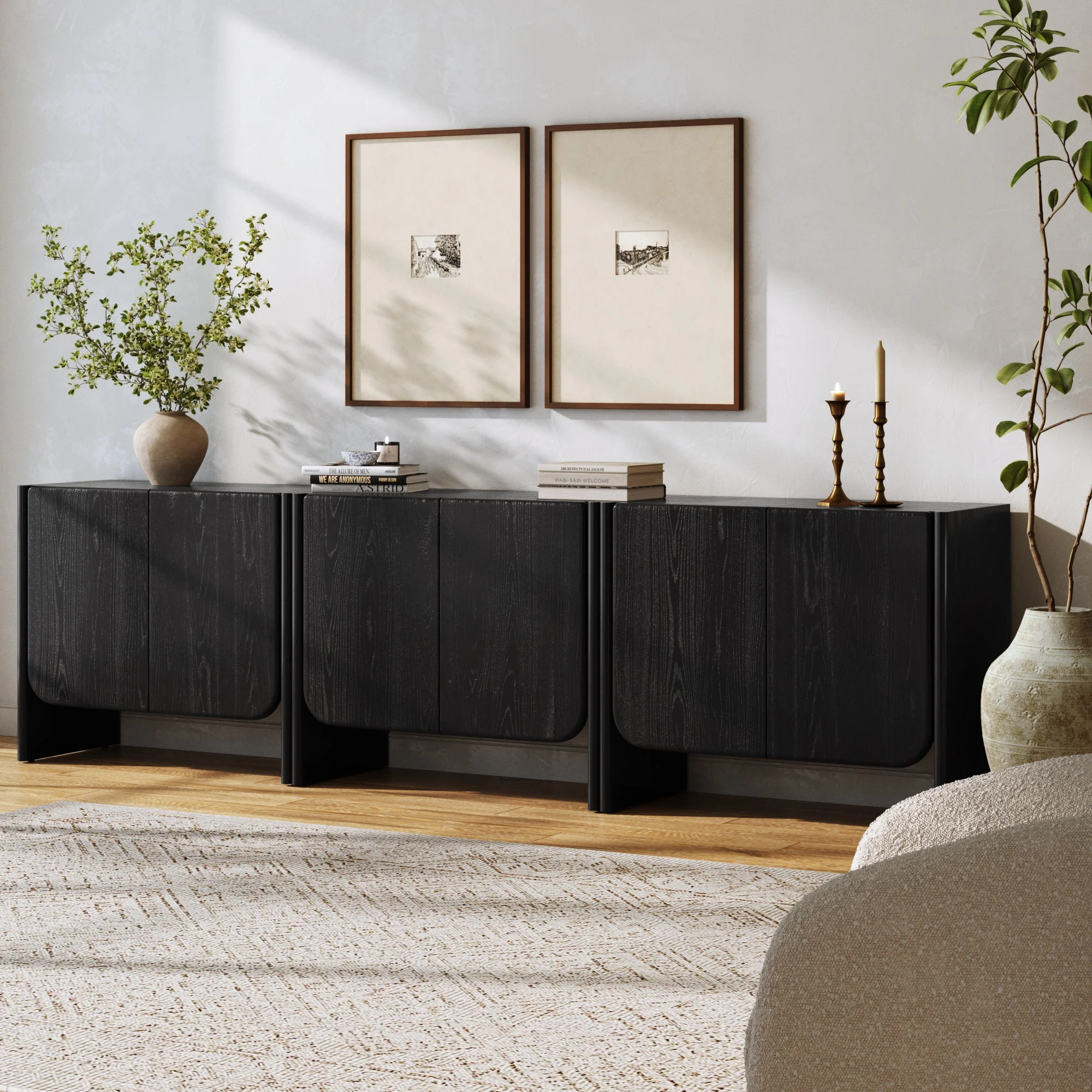 Rounded Wood Cabinet Credenza Black Oak (Set of 3)