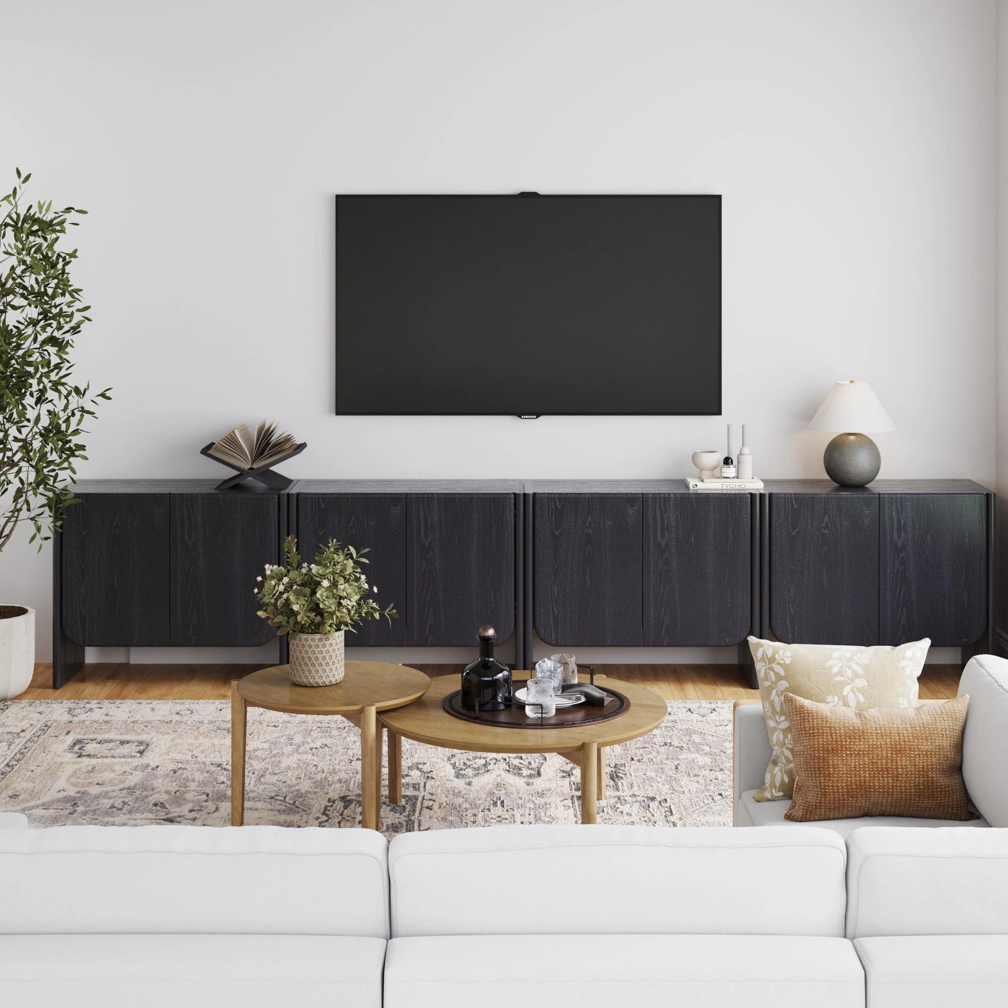 Rounded Wood TV Console Cabinet Black Oak for TVs up to 100"
