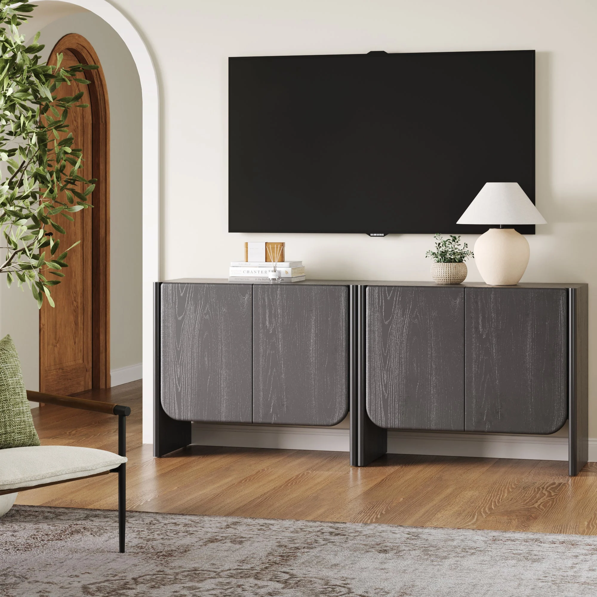 Rounded Wood TV Console Cabinet Black Oak for TVs up to 65"
