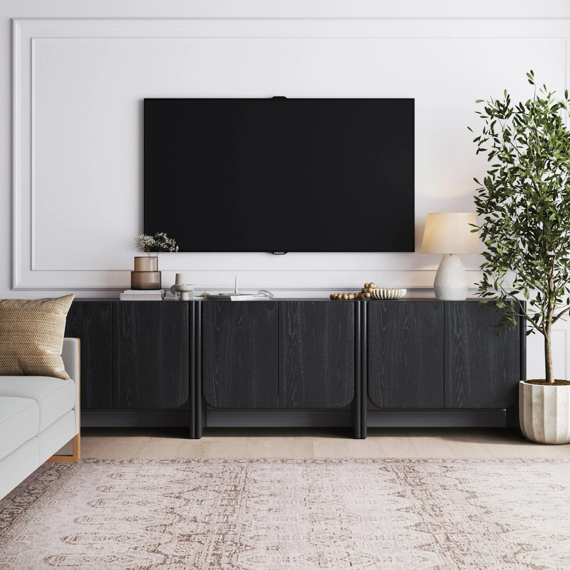 Rounded Wood TV Console Cabinet Black Oak for TVs up to 75"
