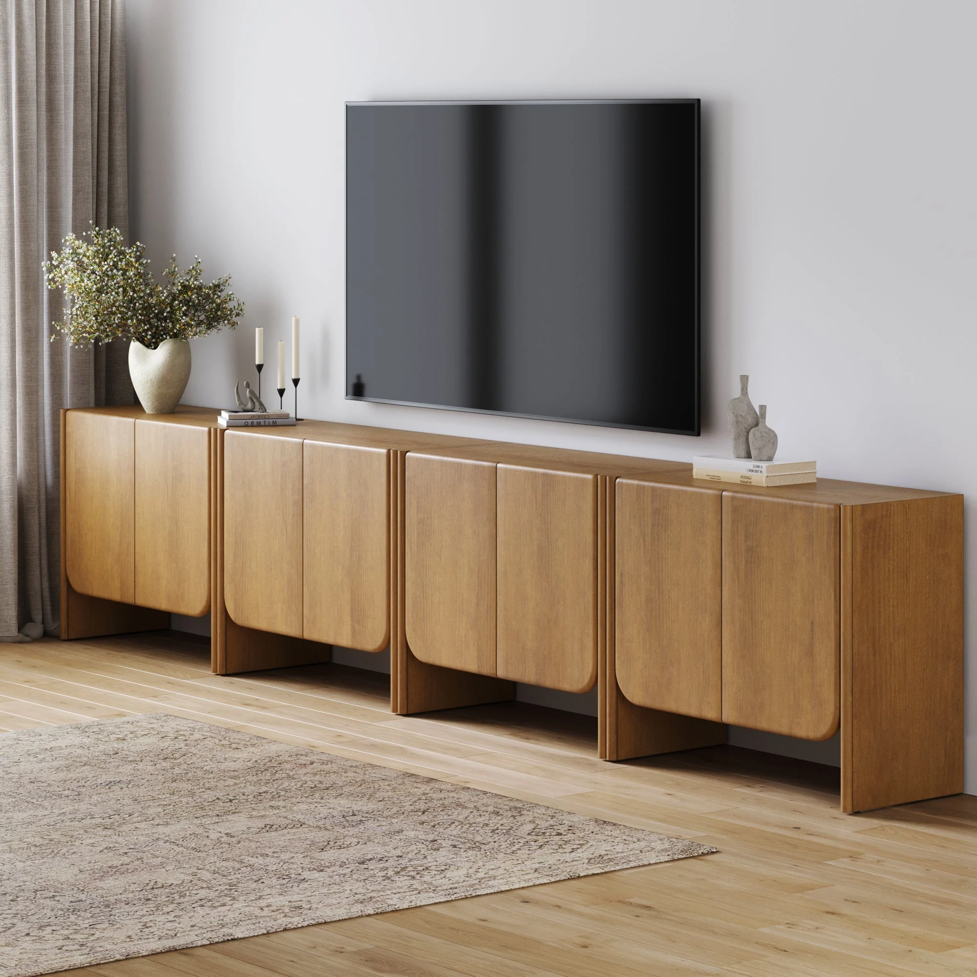 Rounded Wood TV Console Cabinet Light Brown for TVs up to 100"