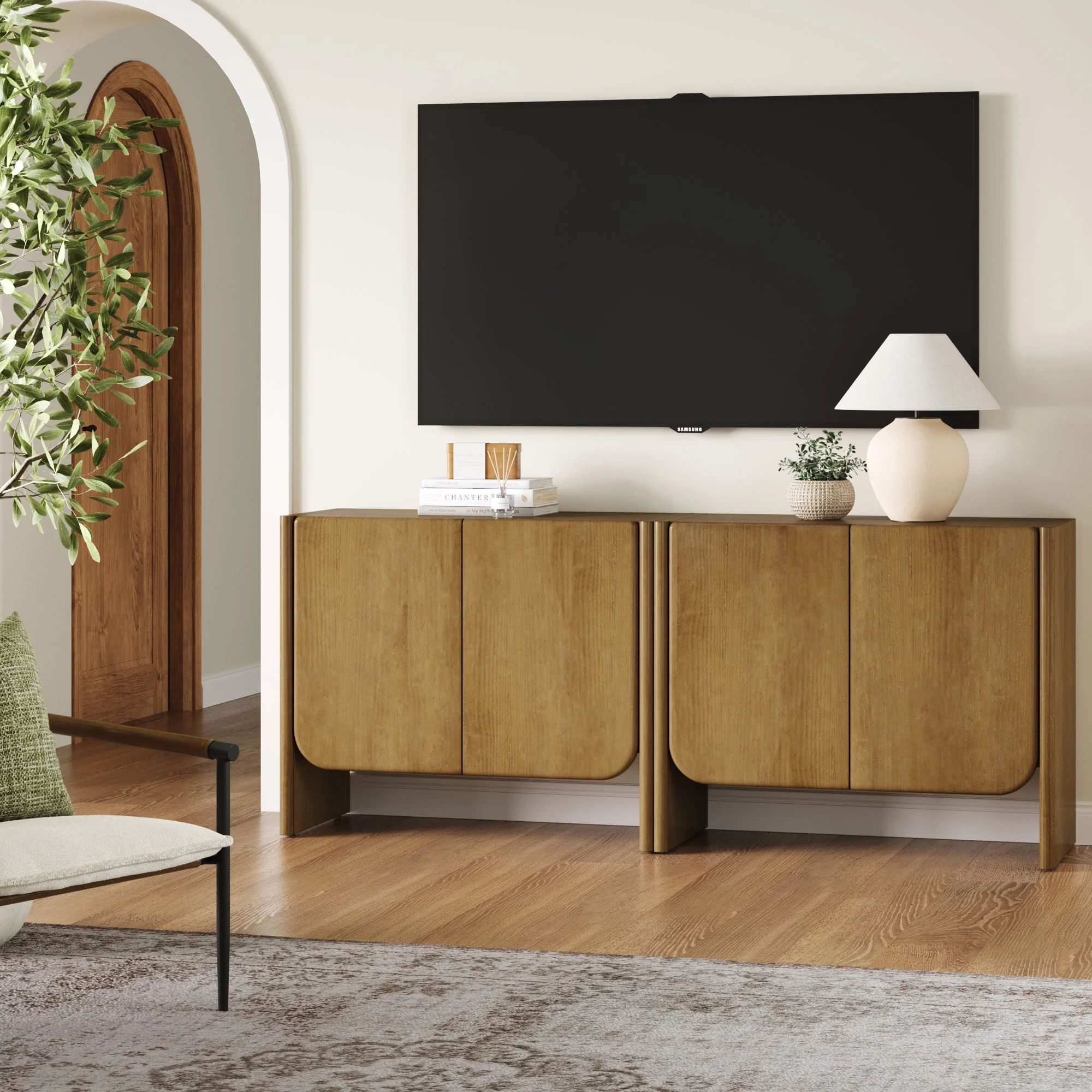 Rounded Wood TV Console Cabinet Light Brown for TVs up to 65"
