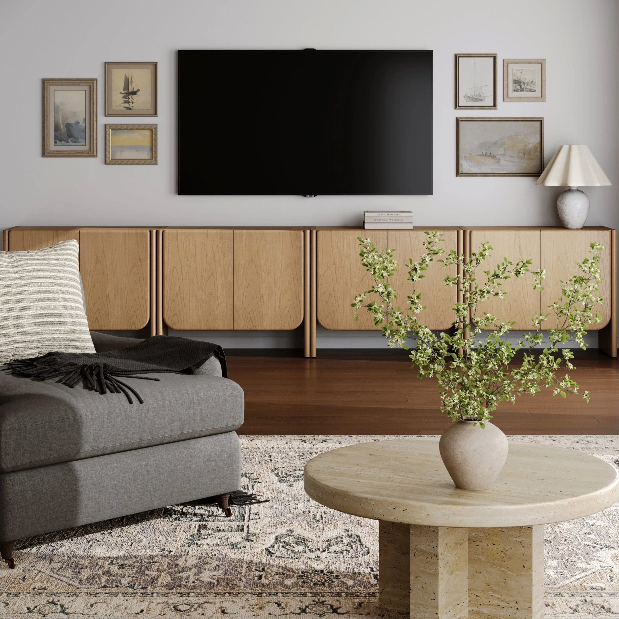 Rounded Wood TV Console Cabinet Raw Oak for TVs up to 100"