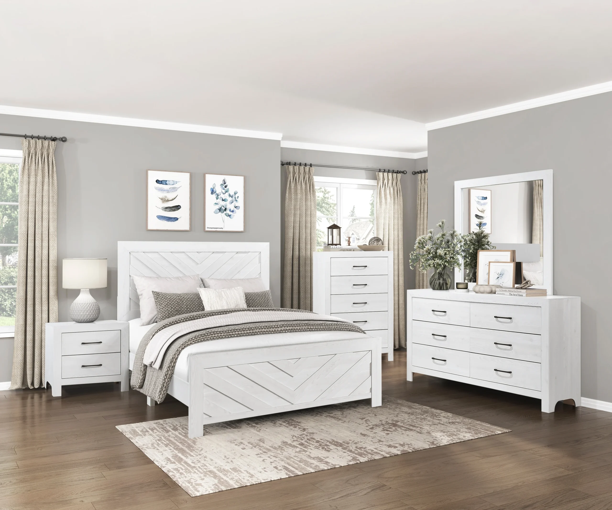 Rustic Farmhouse 6-Piece King Bedroom Set - Headboard, Footboard, Rails, Dresser, Mirror & Nightstand