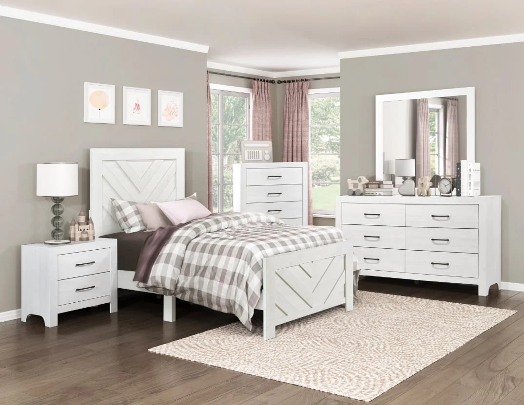 Rustic Farmhouse 6-Piece Twin Bedroom Set - Headboard, Footboard, Rails, Dresser, Mirror & Nightstand