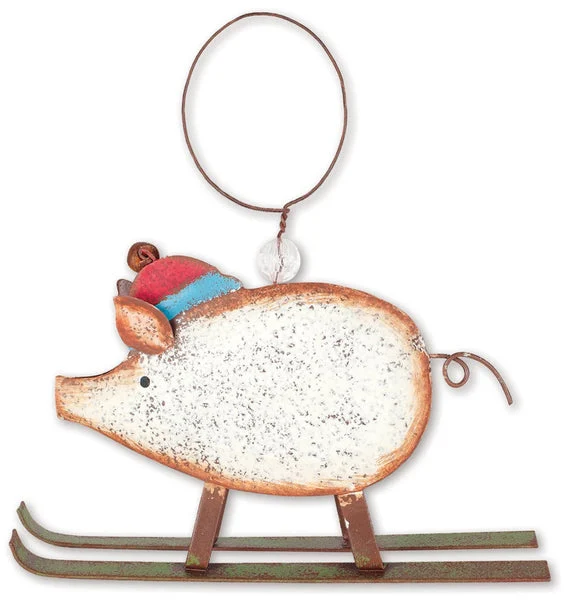 Rustic Skiing Pig Ornament Metal 3D Farm Themed Christmas