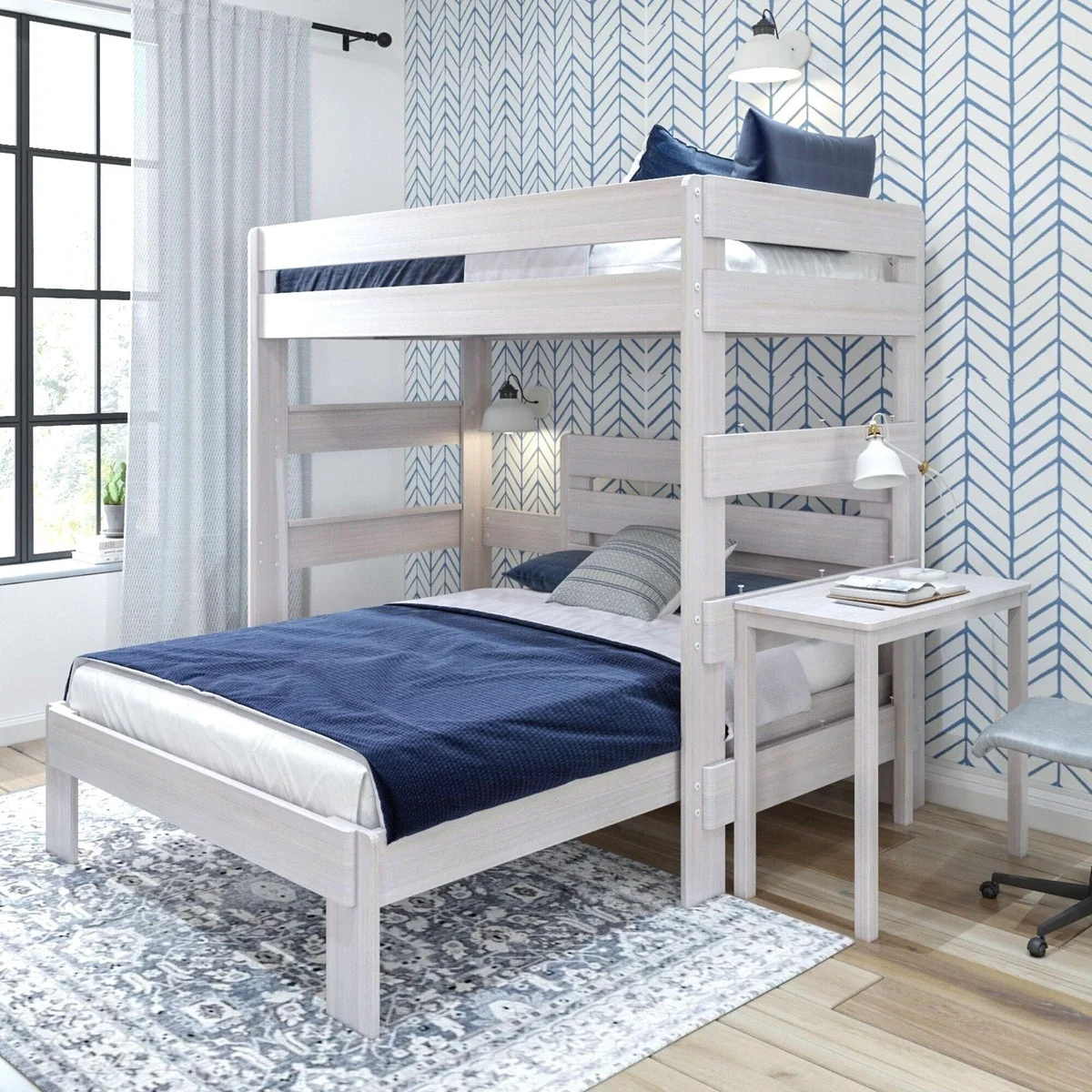 Rustic Twin/Full L-Shaped Bunk Bed + Desk