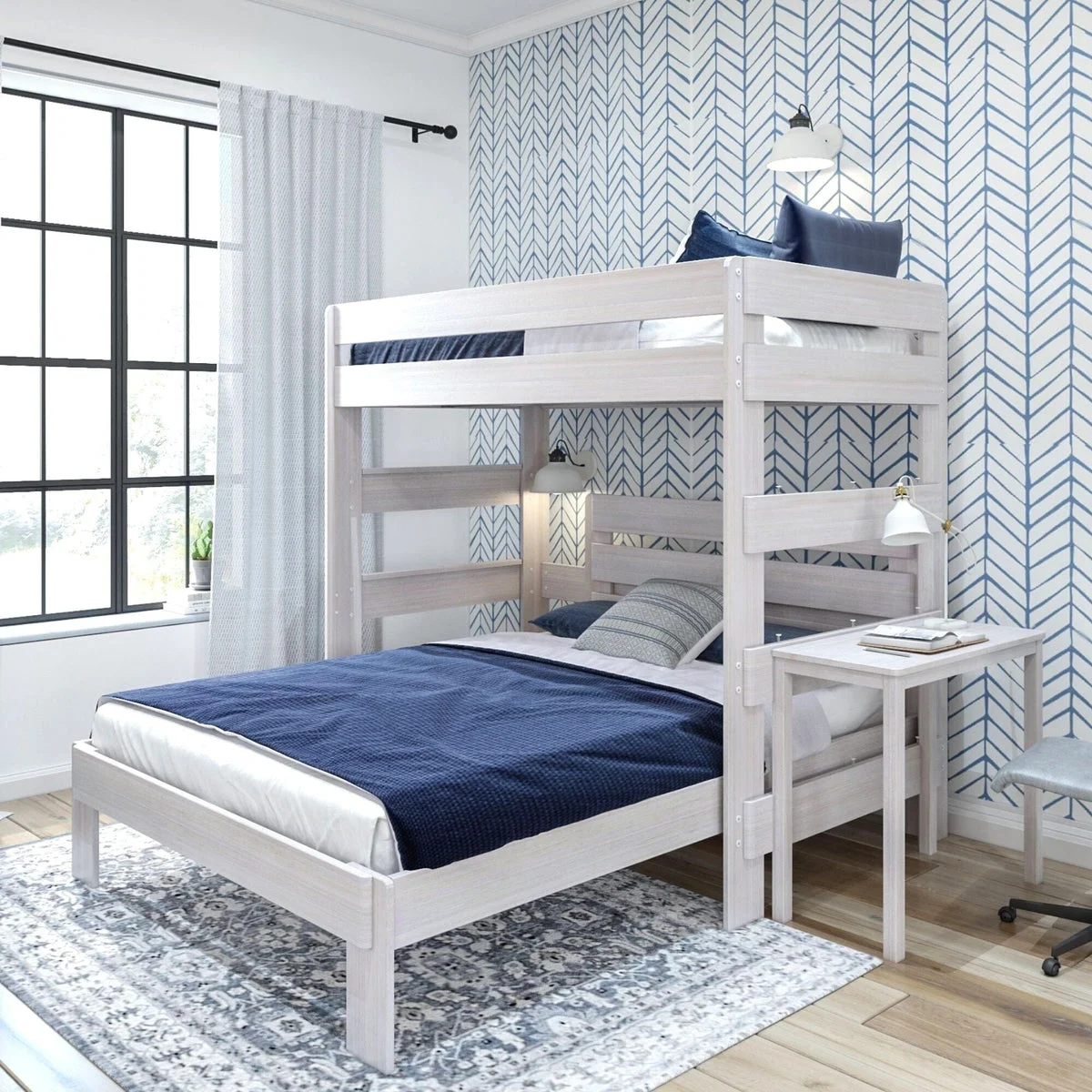 Rustic Twin/Queen L-Shaped Bunk Bed + Desk