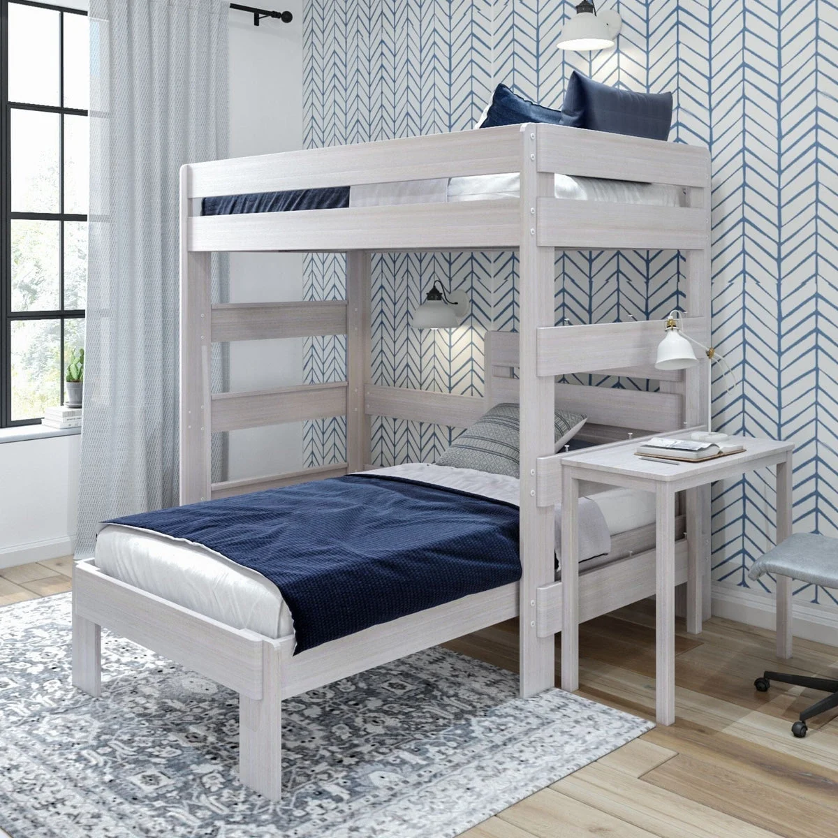 Rustic Twin/Twin L-Shaped Bunk Bed + Desk