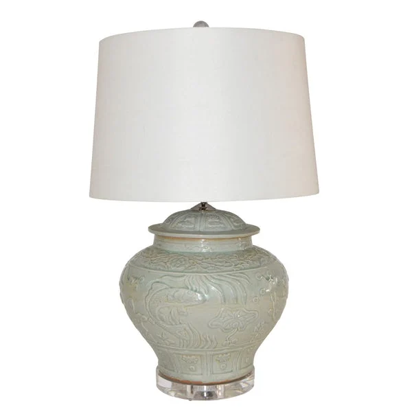 Sage Green Embossed Fish Porcelain Ginger Jar Lamp By Legends Of Asia