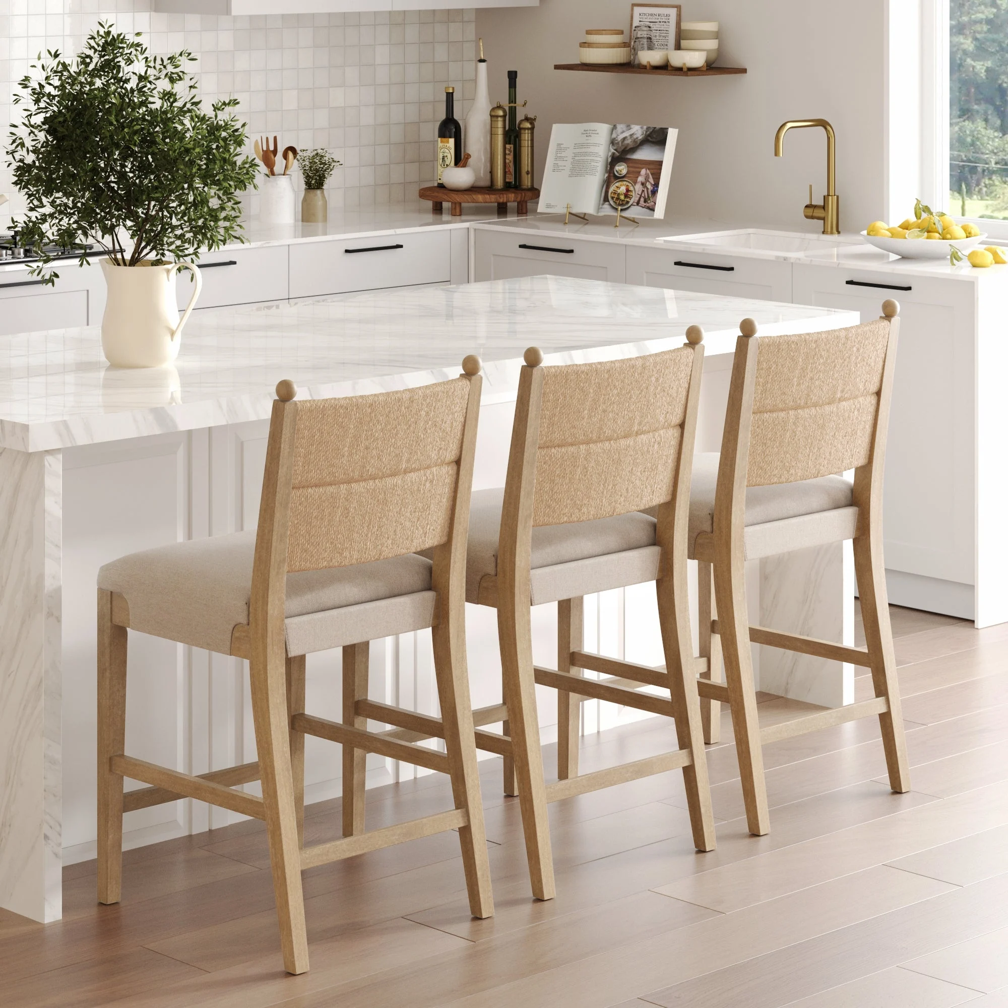 Seagrass & Wood Counter Height Bar Stool Light Brown (Set of 3)