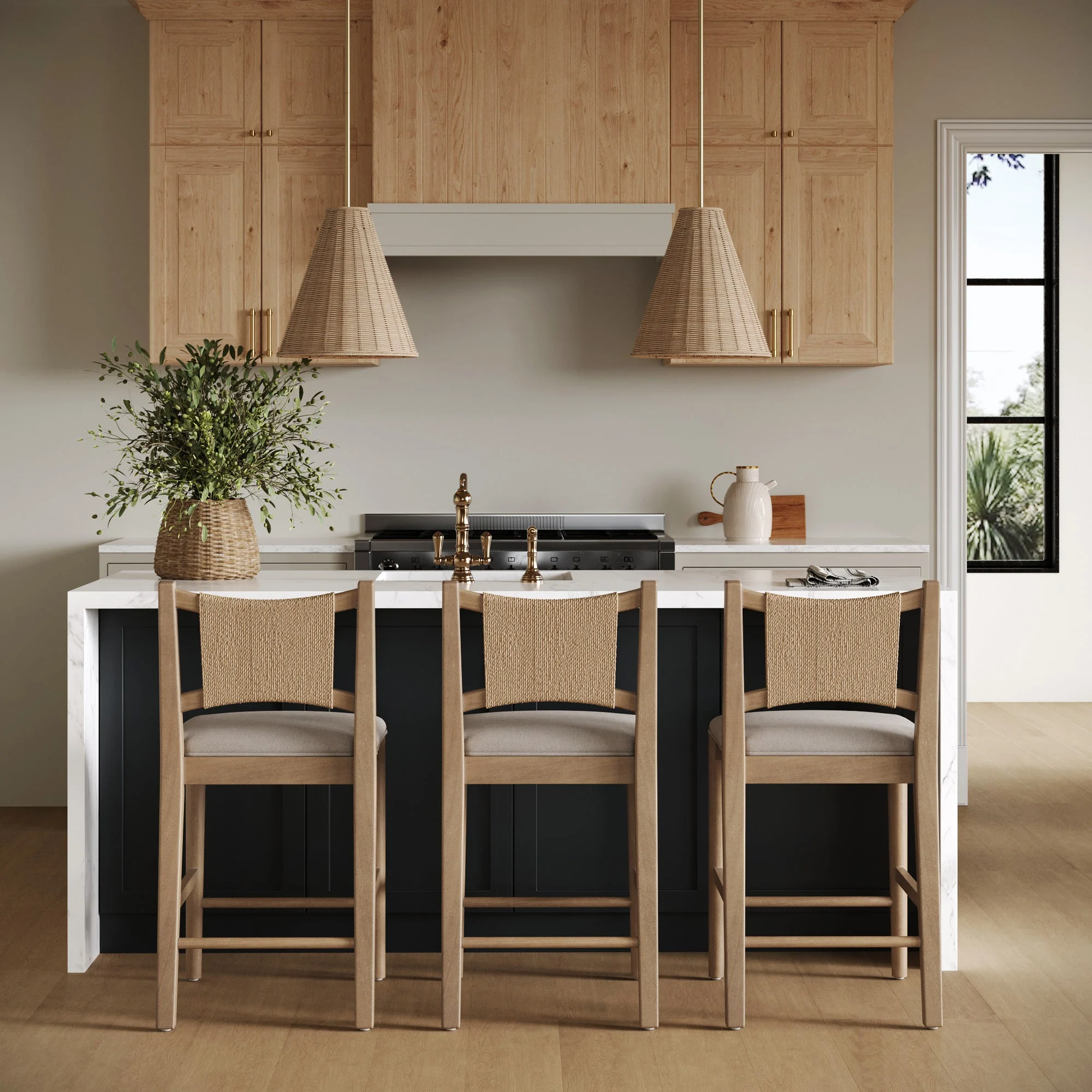 Seagrass Back Arched Footrest Counter Height Bar Stool (Set of 3)