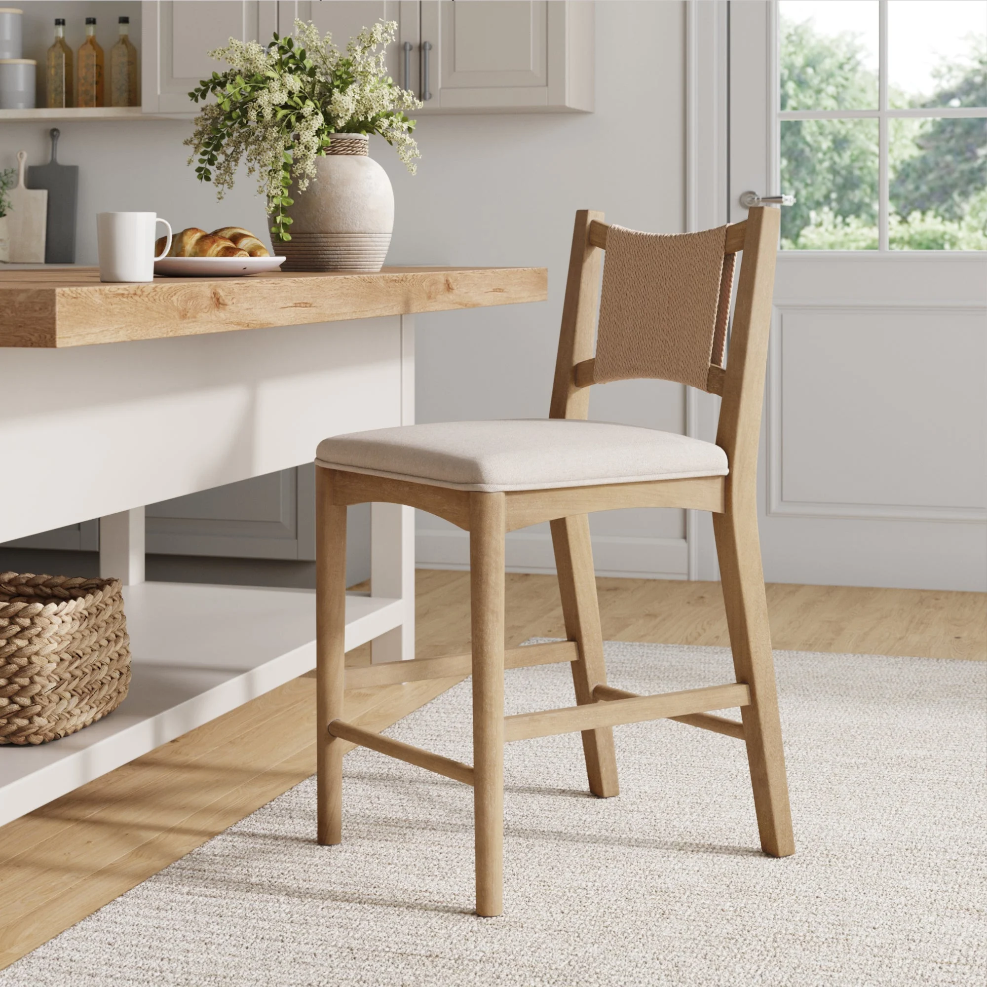 Seagrass Back Arched Footrest Counter Height Bar Stool