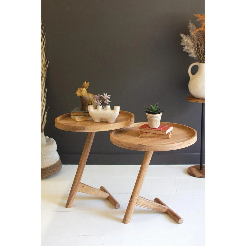 Set of 2 Acacia Wood Tray Tables
