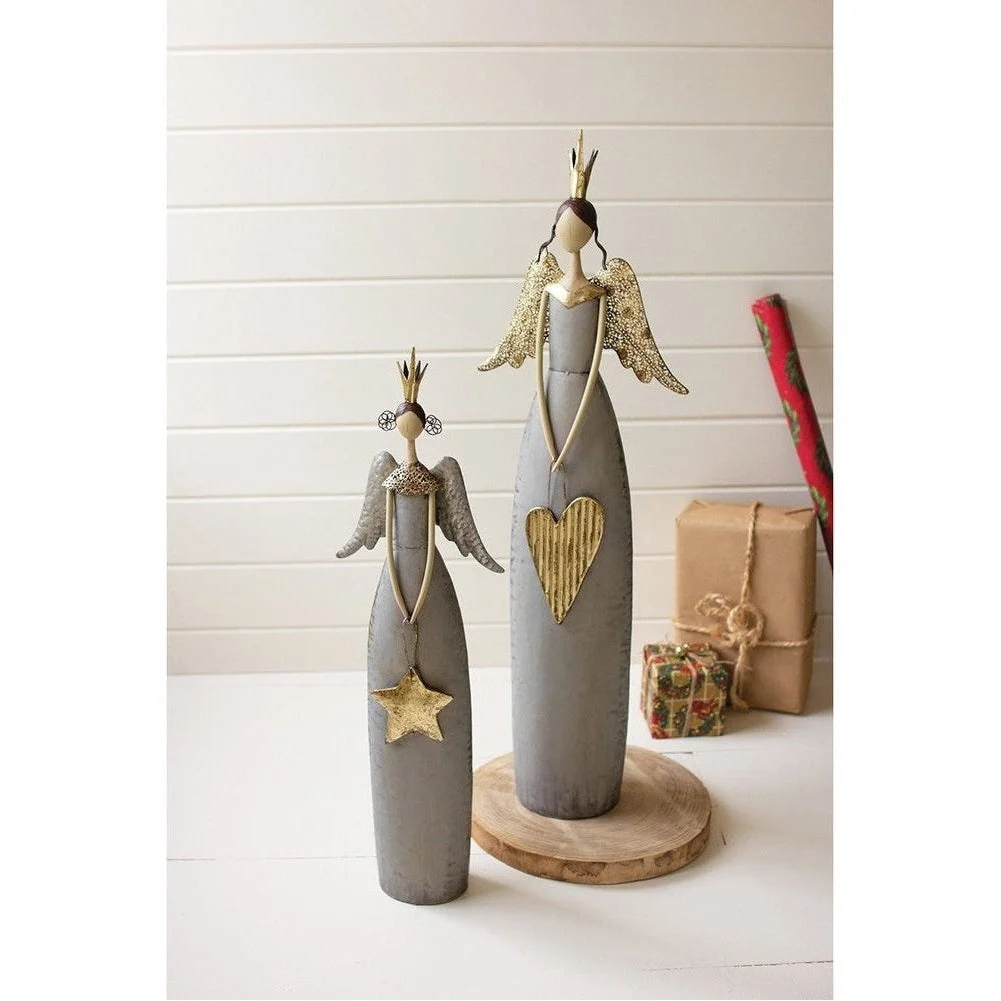 Set of 2 Gold and Grey Christmas Angels Holding a Heart and Star